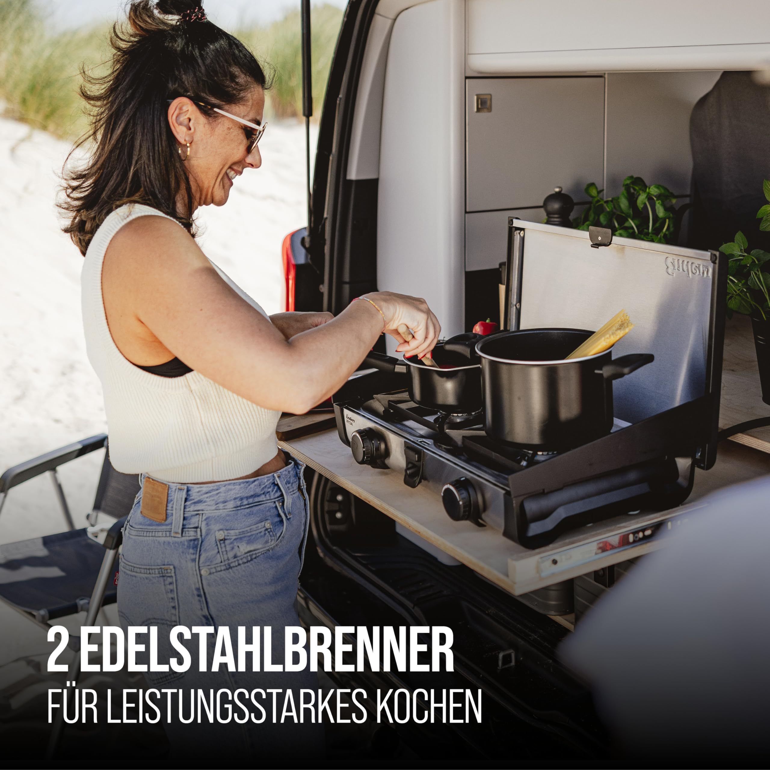 Enders Ryda 2Z GP, Gaskocher mit Zündsicherung, 2-flammig, Edelstahlbrenner 2x2,3 kW, klein und kompakt, inkl. Grillplatte, Gasschlauch und Windschutz, Campinggrill, #1883 | Mit Zündsicherung, Klein und kompakt, Inkl. Grillplatte, Inkl. Gasschlauch und Wi