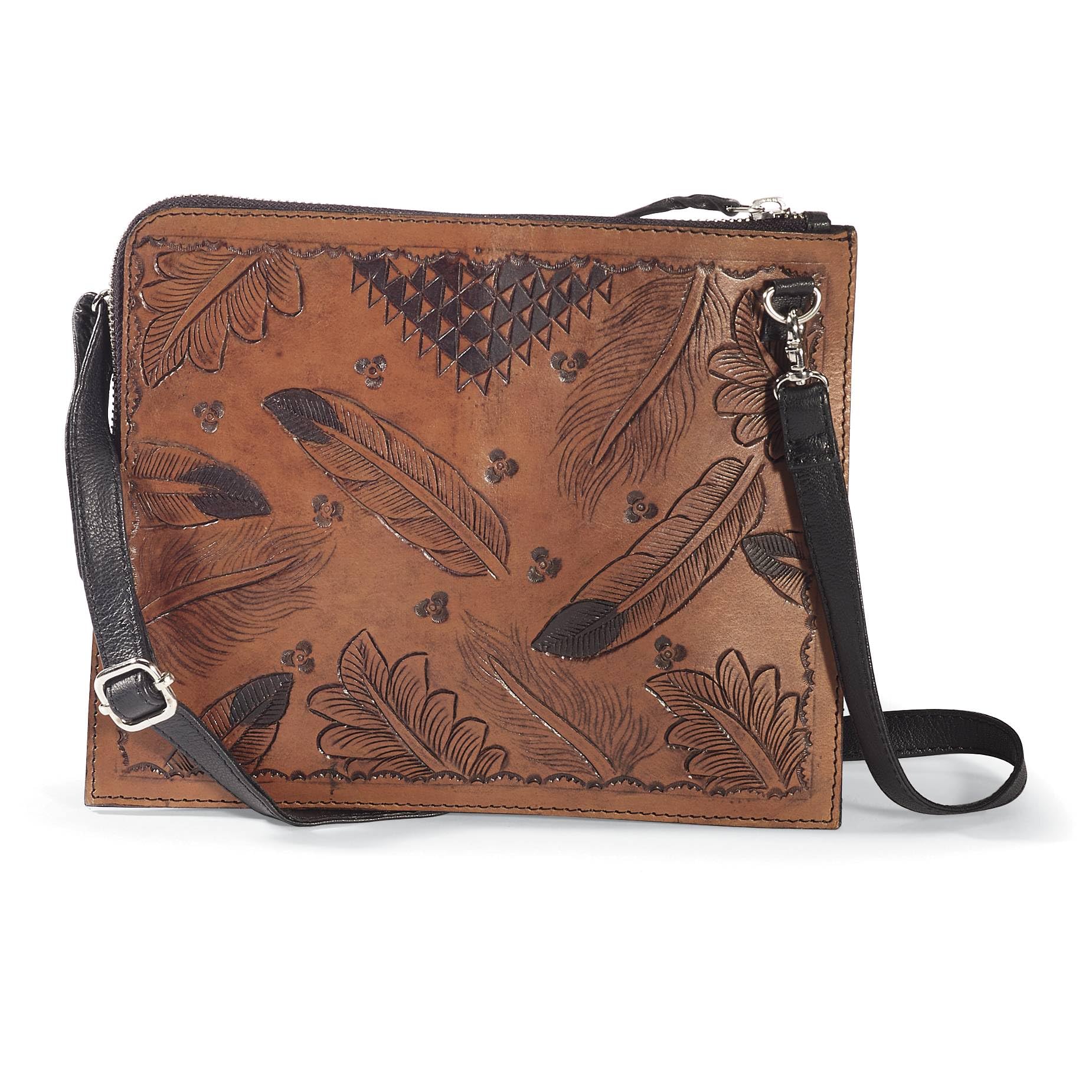 Genuine Leather Crossbody Bag for Women Designer Feather and Floral Tooled Purse Ladies Shoulder Handbag Top Zip Closure