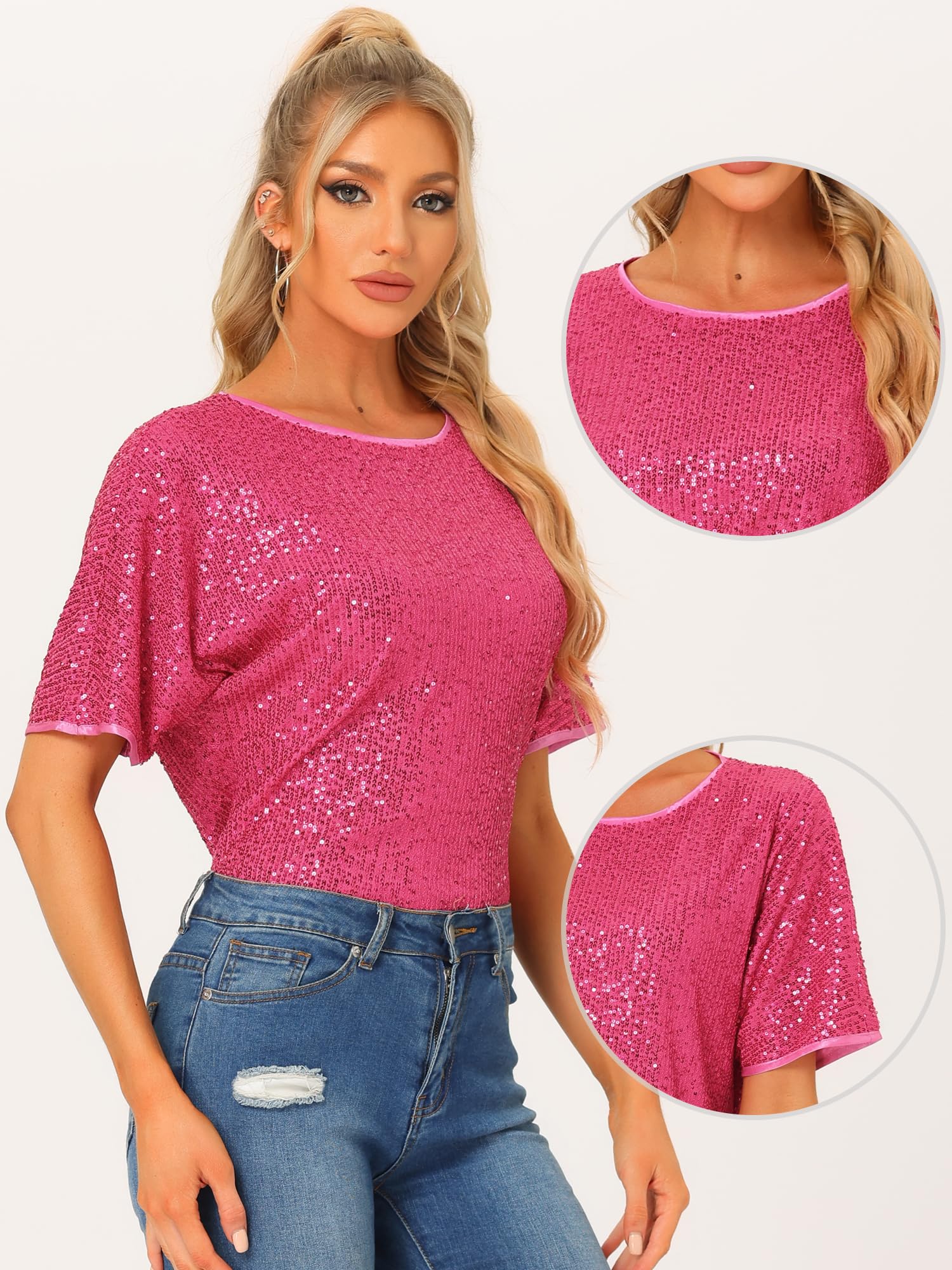 Allegra K Damen Festliches Oberteil Pailletten Oberteile Kurzarm Rund Halsausschnitt Party Glitzer Top