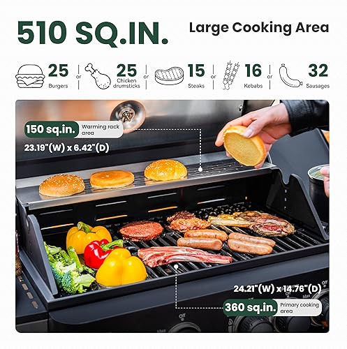 Miniatura 3 de Parrilla de barbacoa de gas propano 2 en 1 con quemador lateral y rejilla de hierro fundido esmaltado de porcelana, plancha plana de 4 quemadores,