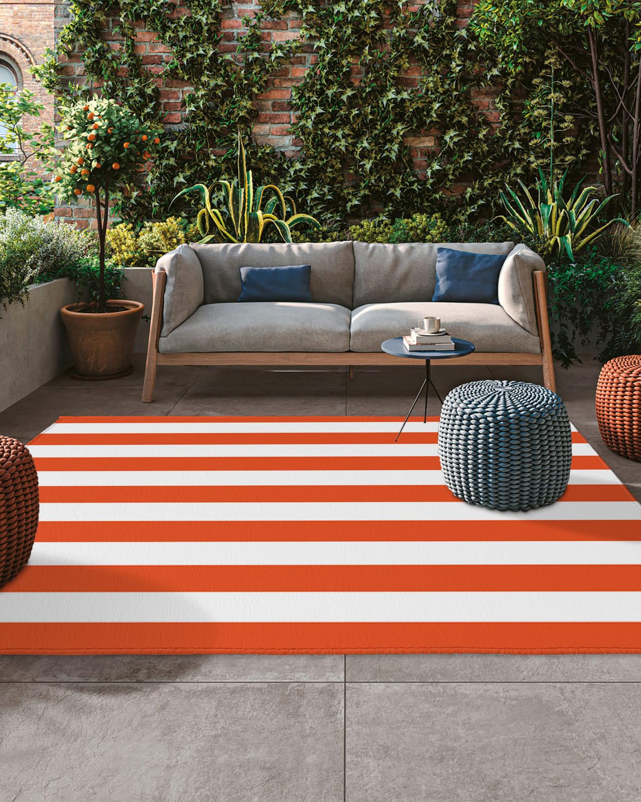 Outdoor Patio Rug 5x7 Ft – Pink & White Stripes, Non-Slip Rubber