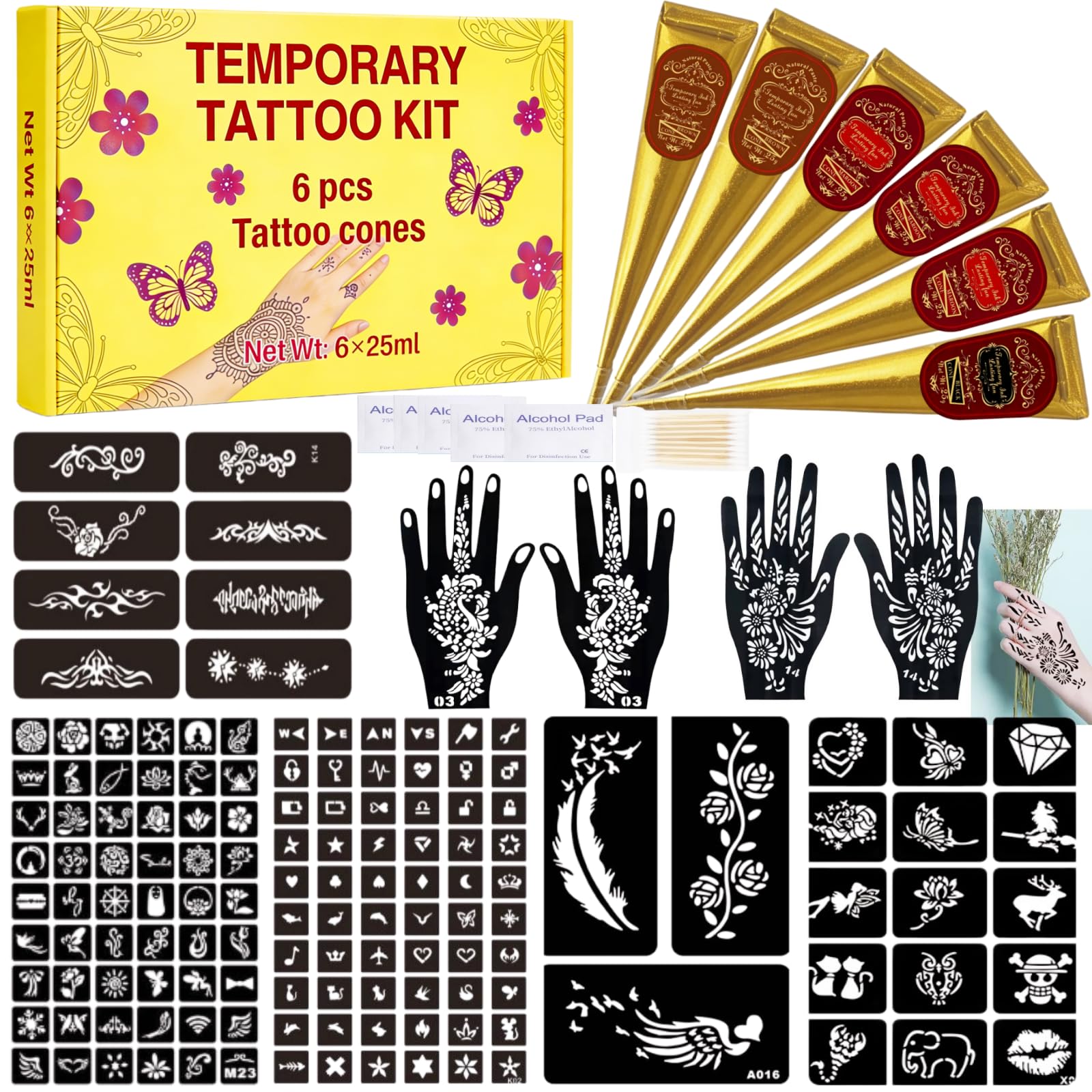 Photo 1 of ***STOCK PHOTO REFERENCE ONLY*** Temporary Tattoos Stencils Kit,Temporary Tattoos Kit - 6 Pcs 3 Color(Brown, Black, Cherry Red) Ink with Gloves,DIY Body Art Painting for Women Men Adults Kids
