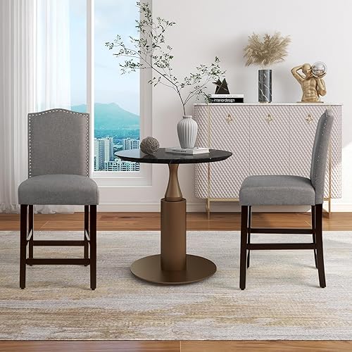 Miniatura 4 de COSTWAY Juego de 2 taburetes de bar, sillas tapizadas de lino con patas de madera de goma maciza, sillas de bar de madera para isla de cocina de 25