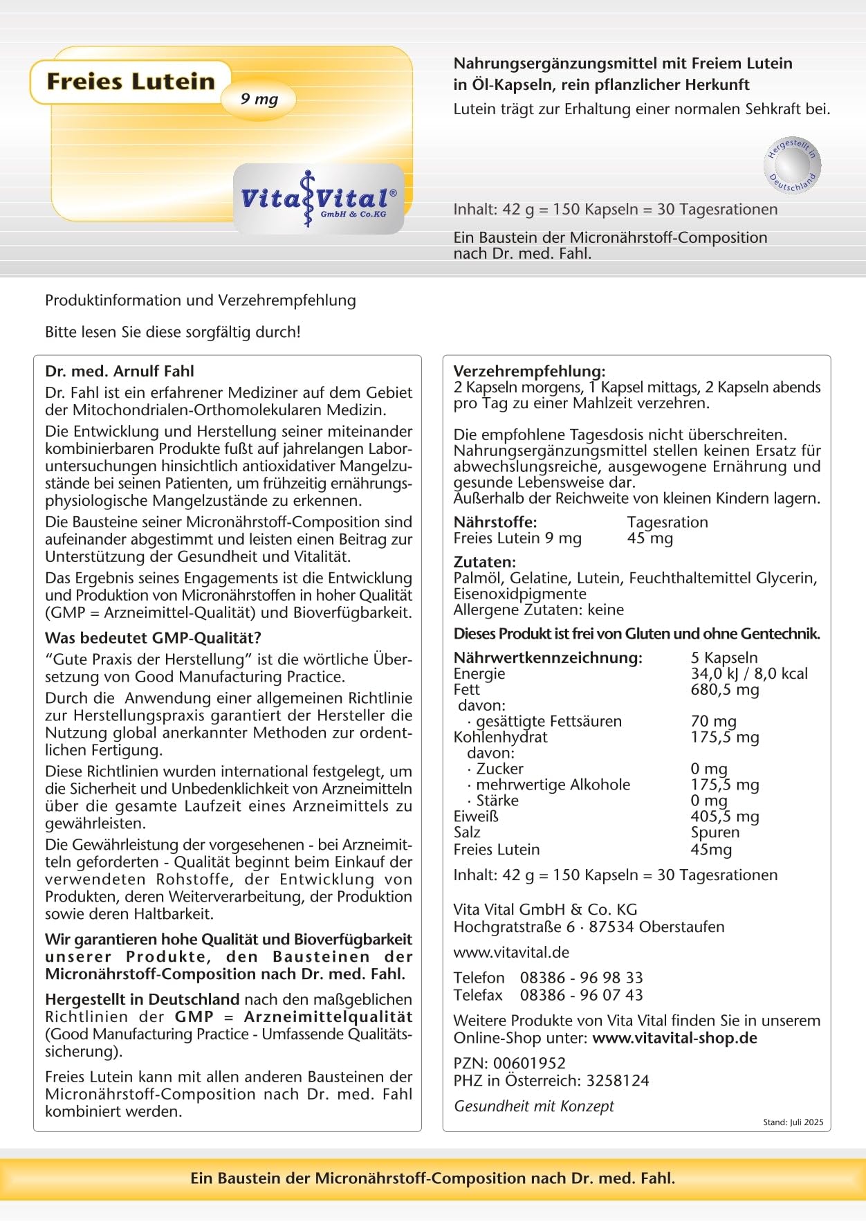 Freies Lutein 9 mg - Vorteilspackung mit 150 Kapseln