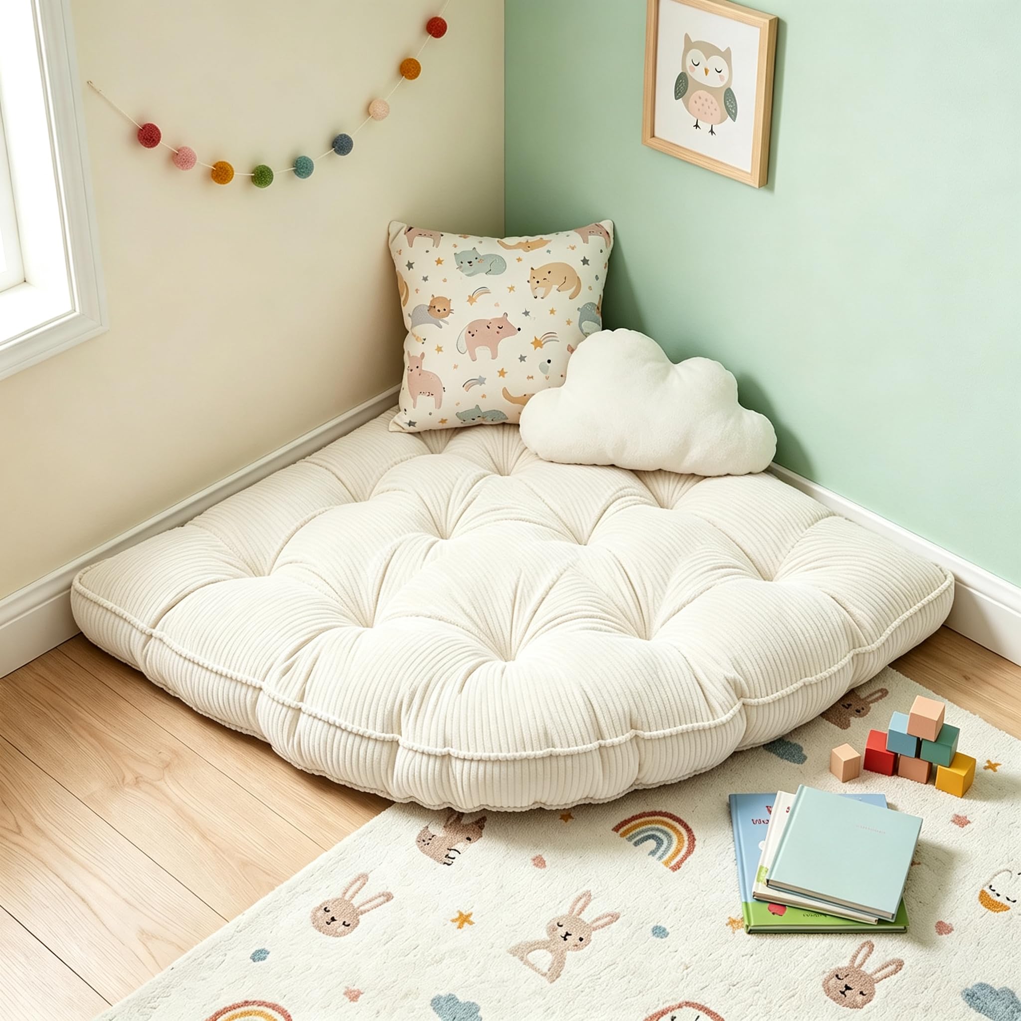 ShowyLive Large Corner Floor Cushion, 100x100cm Radius Kids Floor Pillows