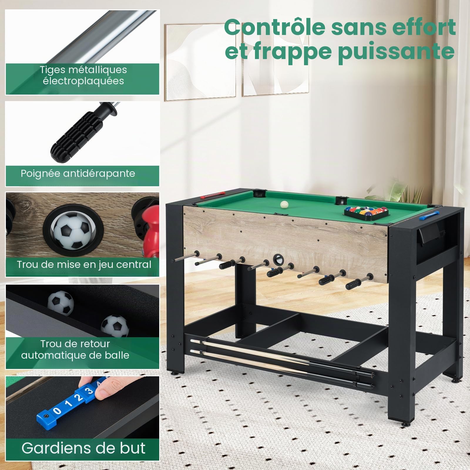 HOMASIS 2 en 1 Table de Jeu Multifonction Pliable avec 2 Boules et Marque-Points, Table de Billard avec 2 Queues et Triangle de Maison