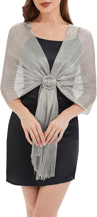 Zando Sparkling Metallic Shawls and Wraps for Evening Dresses - Formal Shawl Wraps for Women Dressy Wedding with Buckle