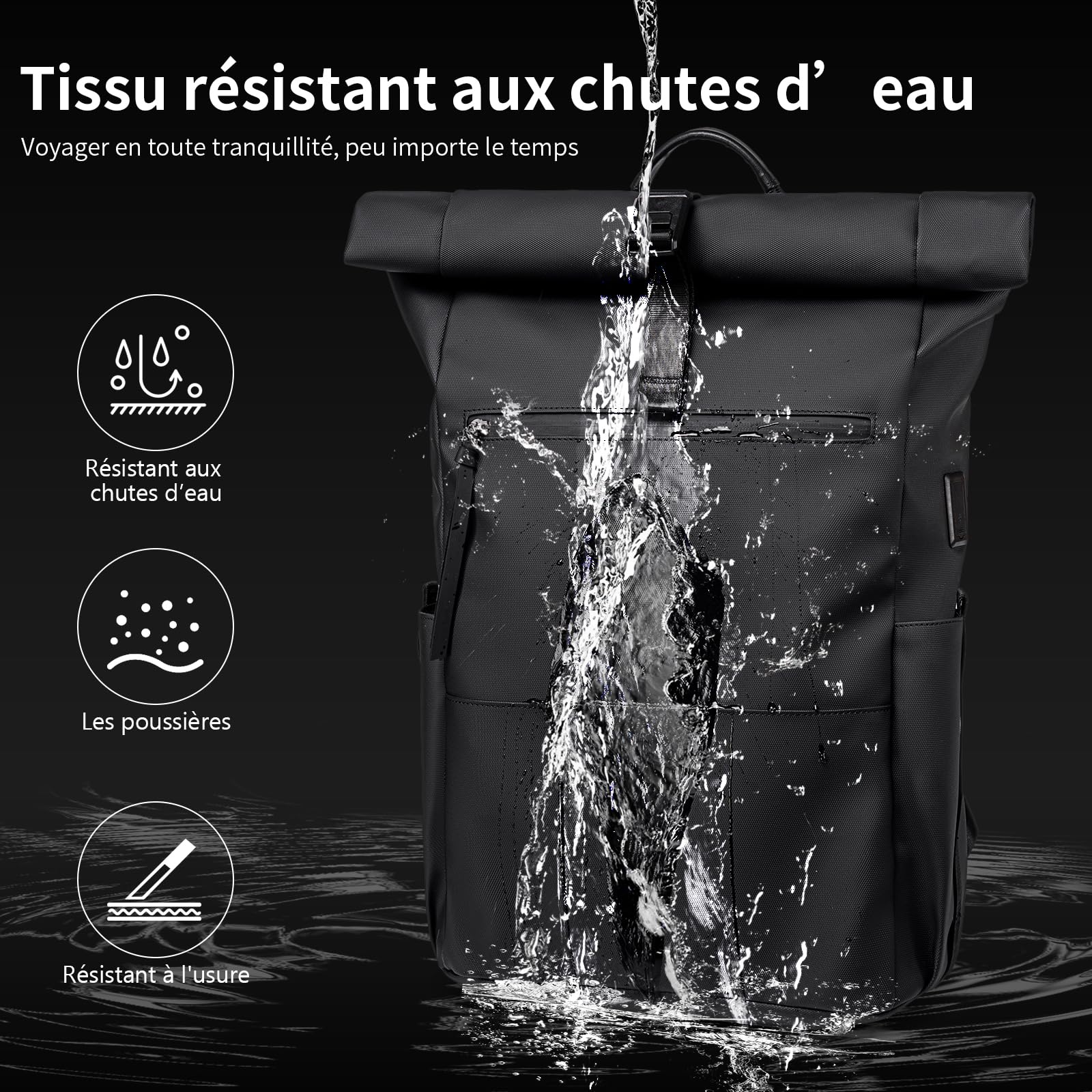 Rolltop Sac à dos pour homme et femme - Grand sac à dos pour ordinateur portable - Étanche - Avec compartiment pour ordinateur de 16" - Sac à dos d'école - Sac à dos de voyage imperméable