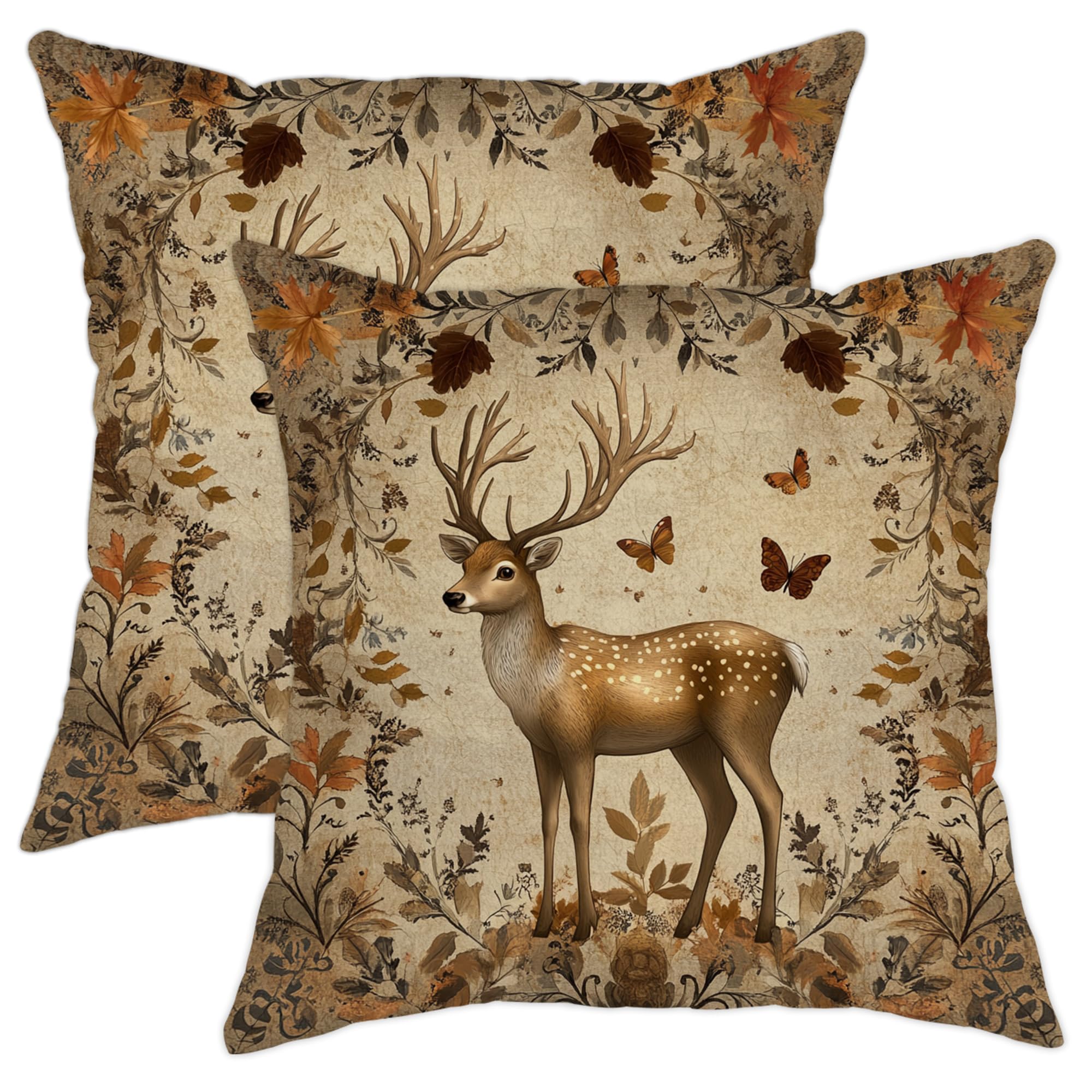 Autumn Pillow Covers Set of 2, Brown Stag Animal Throw Pillows Case, Rustic Decorative Square Farmhouse Decor Cushion Covers for Home Sofa Bed Couch 20x20 Inch