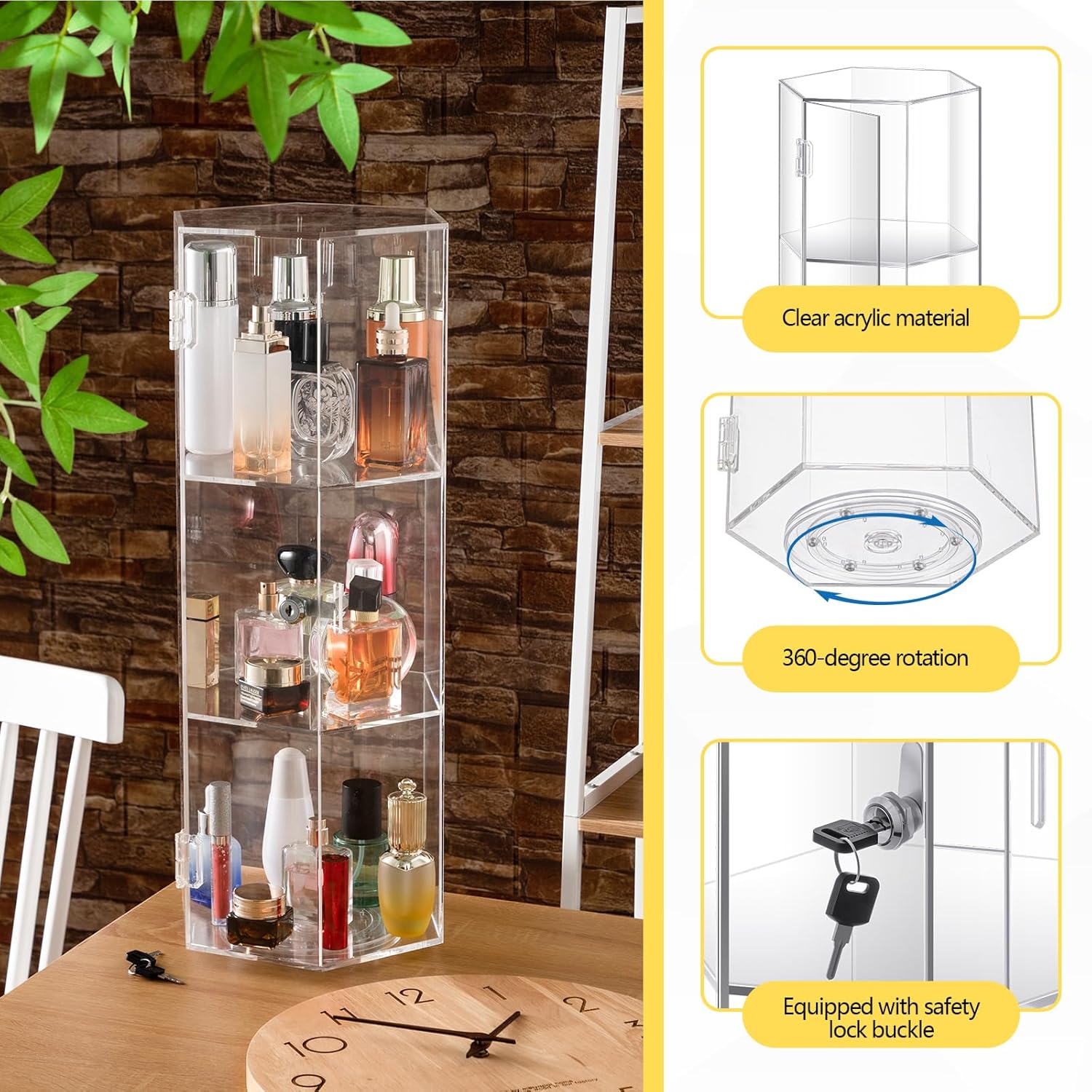 24'' H Rotating Jewelry Display Case with Lock and Keys, 360-degree Locking Acrylic Clear Cabinet for Collectibles, Safe Showcase for Office Retail Store Bread Holder