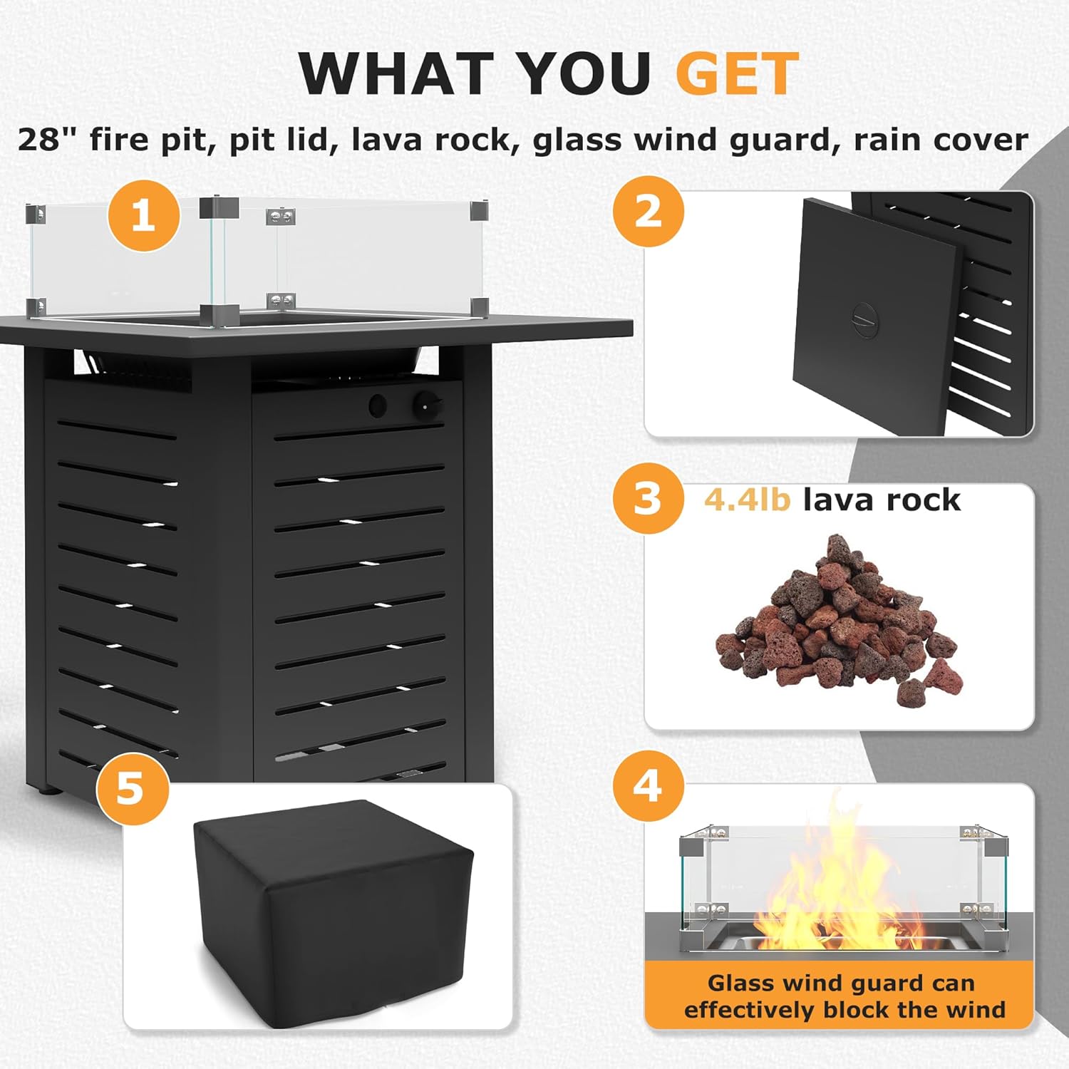 28'' Propane Fire Pit Table, 50,000 BTU Steel Gas Firepit for Outdoor Patio Deck and Garden, CSA Certified Fire Pit with Lid, Waterproof Cover, Glass Wind Guard and Lava Rock, Black