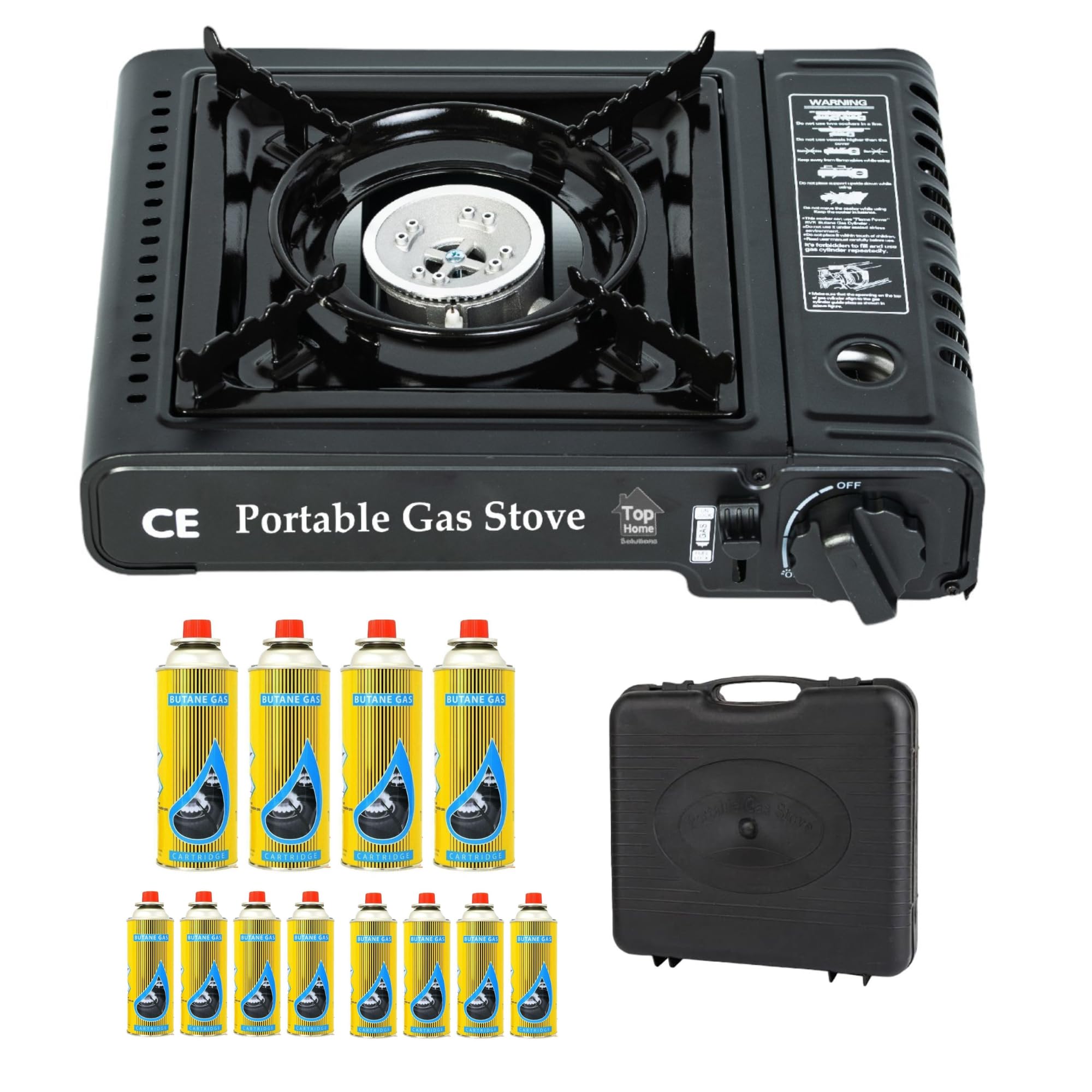 Camping Stove - Portable Gas Stove Black With Carry Case & 12 Butane Gas Canisters, Heat Control, EN417 Compliant, Auto Ignition, Camping Cooker for Picnic, Garden & Outdoor