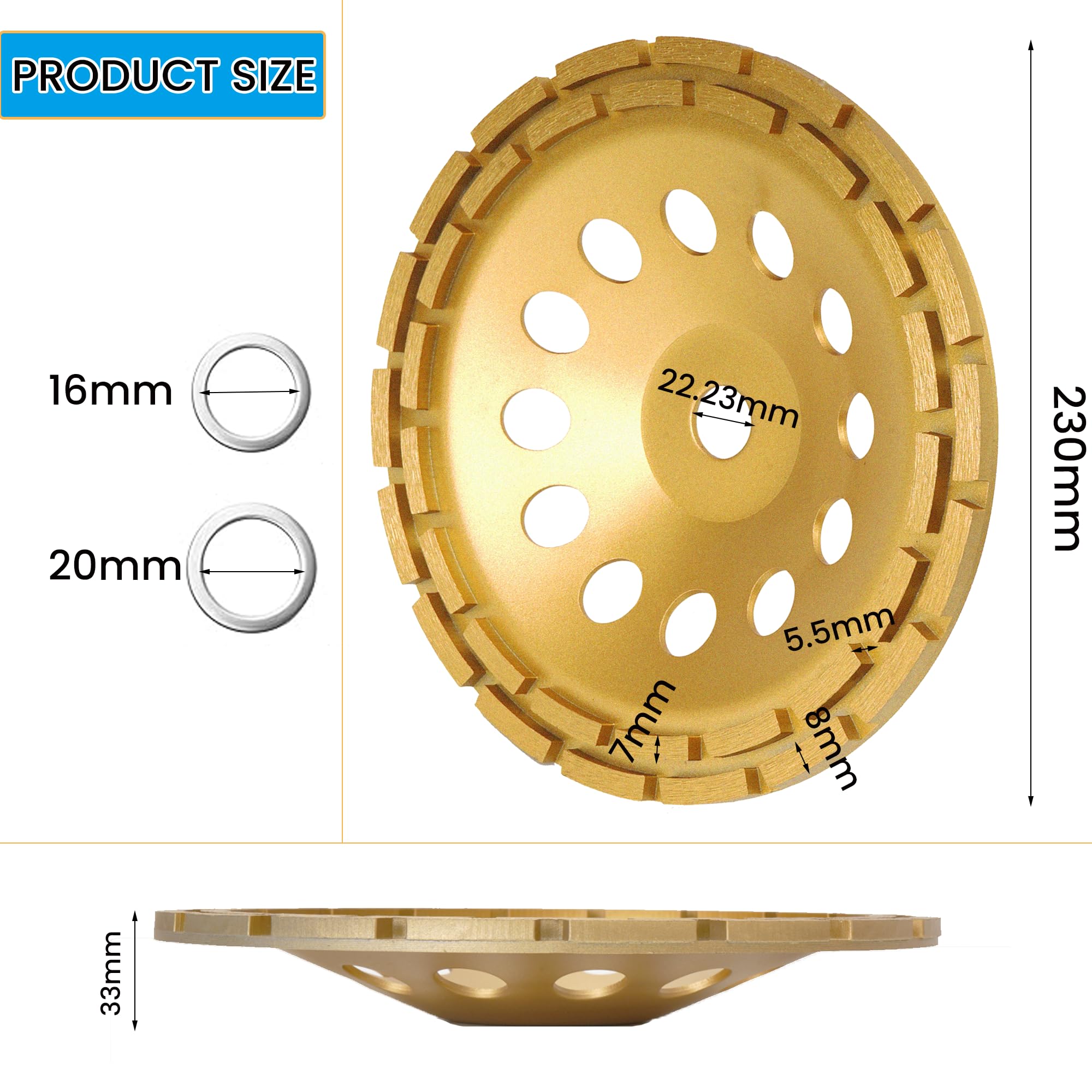 Rueda de molienda de 230 mm, discos de amoladora angular de copa de diamante para hormigón, mármol, granito, piedra natural, cemento, para moler, pulir, limpiar, superficie