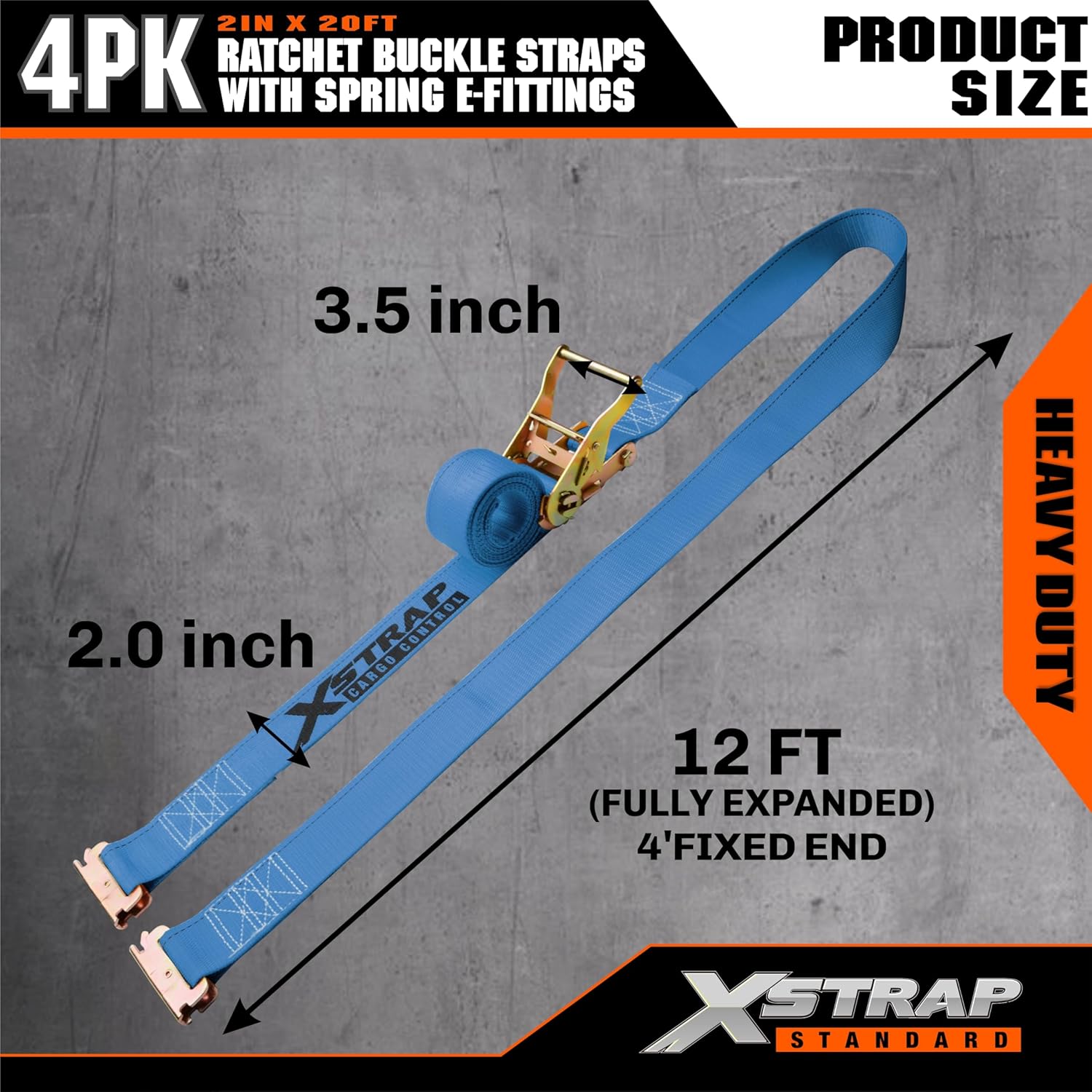 XSTRAP STANDARD 4-Pack 2" x 20' E-Track Ratchet Tie Down Straps 4,401 lbs Break Strength Heavy Duty Cargo Securement for Trailers, Trucks, Vans & Motorcycles with Spring Fittings (Blue) - Image 3