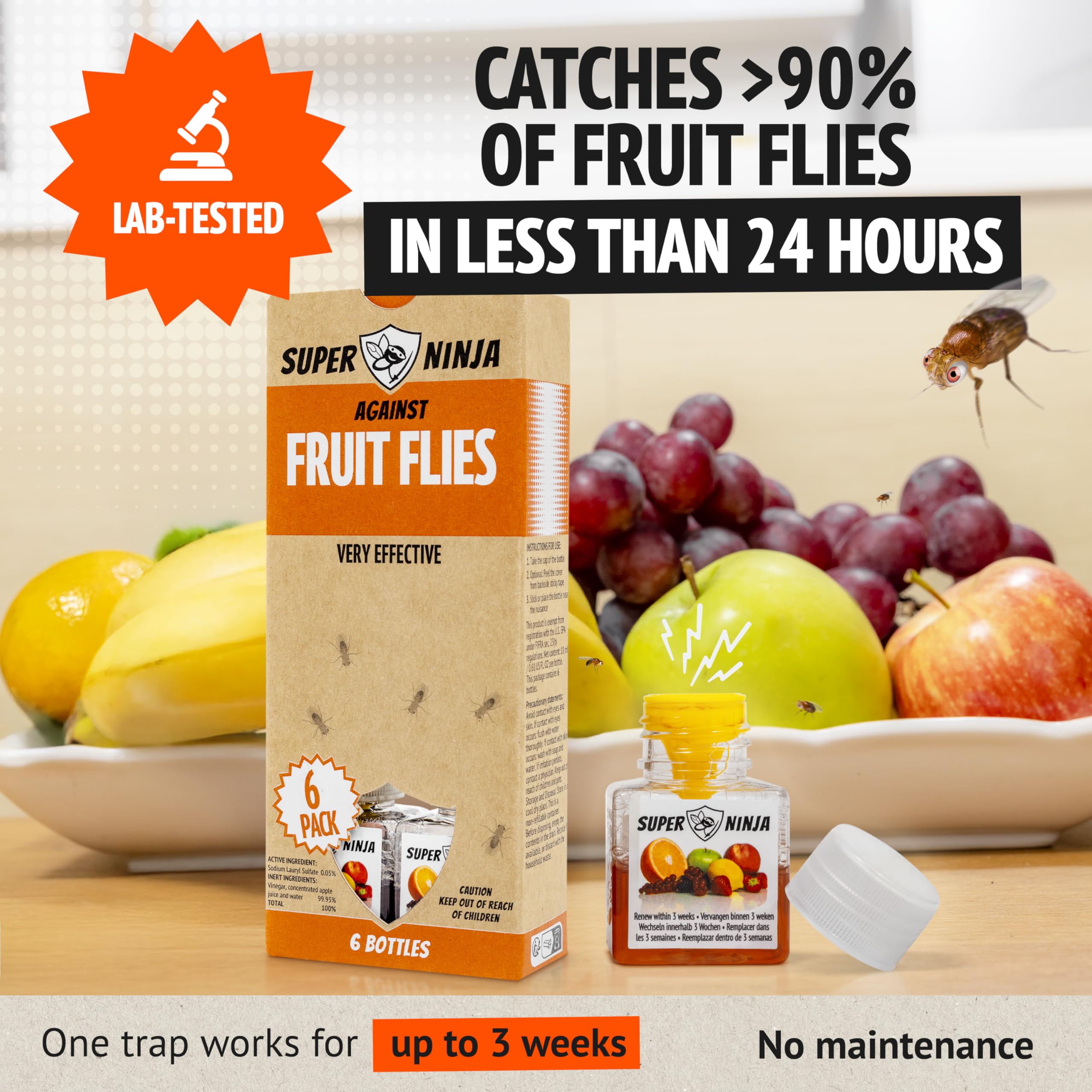 Super Ninja Fruit Fly Trap - 6 pack, Highly Effective Fruit Fly Killer for  Home & Kitchen, Up to 3 Weeks of Performance per Bottle, Child & Pet  Friendly : Amazon.ie: Garden