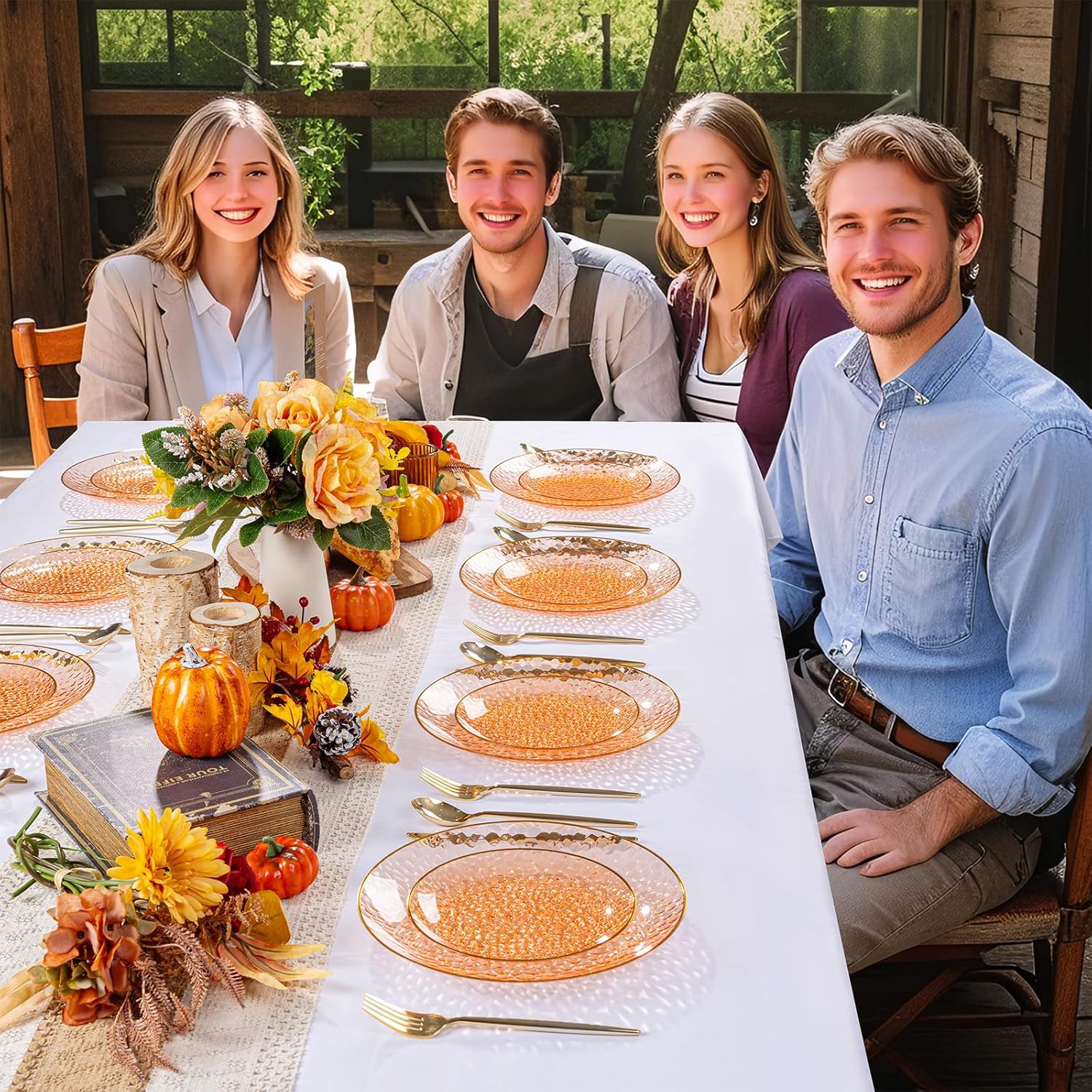 Rubtlamp 100Pcs Orange Plastic Dinner Plates, 10 Inch Disposable Orange Dinner Plates, Heavy Duty Plates with Gold Rim, Hammered Disposable Plastic Party Plates For Easter Party