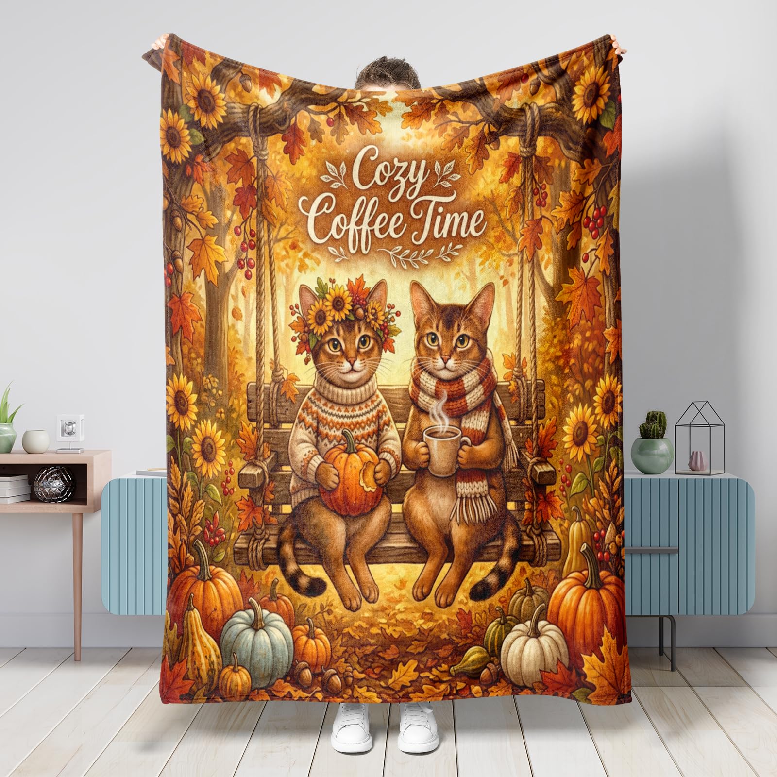 Couverture d'automne chat abyssin le cadeau idéal motif citrouille pour sublimer un grand lit