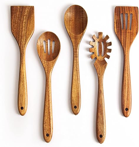 Cucharas de madera de acacia para cocinar juego de utensilios de cocina y cocina de 5 piezas - espátula de madera, cuchara ranurada y para pasta -
