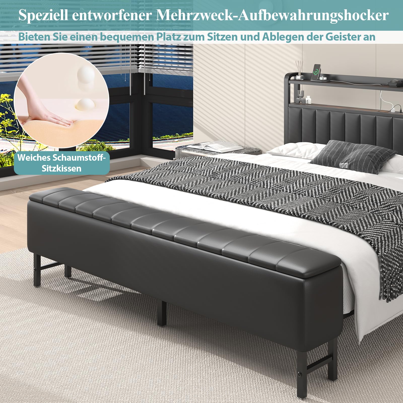 E-Motie Bett 180x200，Polsterbett mit Sternenprojektor, Ladestation und Aufbewahrungsbank， Doppelbettgestell 180 x 200 cm mit Gepolstertes Kopfteil und Lattenrost, Geräuschlos, Modern, Schwarz