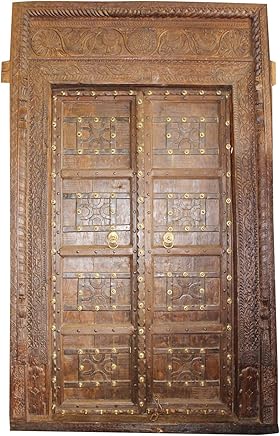 Mogul Interior Antique Huge Indian Carved Door Teak Wood Solid Wooden Door & Frame Brass Iron Beautiful Design