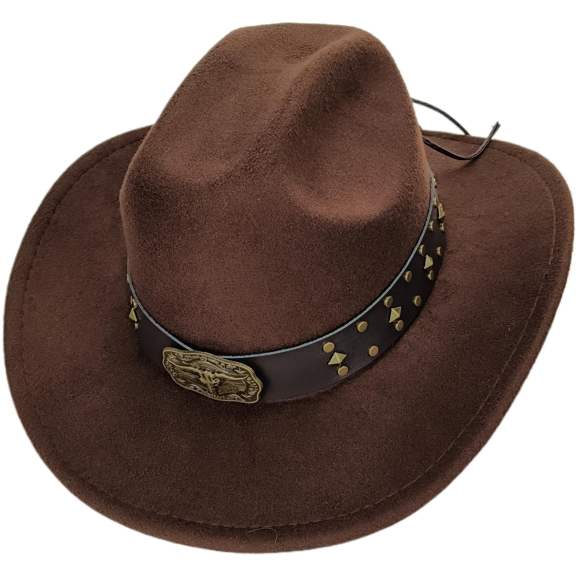 BawnhawWestern Cowboy Hat for Women Men, Rolled-Up Felt Fedora Cowgirl Hat with Buckle-Belt, Turquoise-Band, Bling-Star
