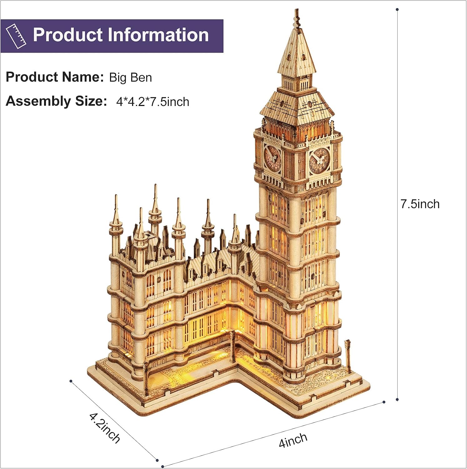 ROBOTIME 3D Puzzle Big Ben Wooden Model Kits for Adult to Build Your Own Laser Cut Jigsaw Building Construction Crafts Kits Best Birthday Gifts - Image 4