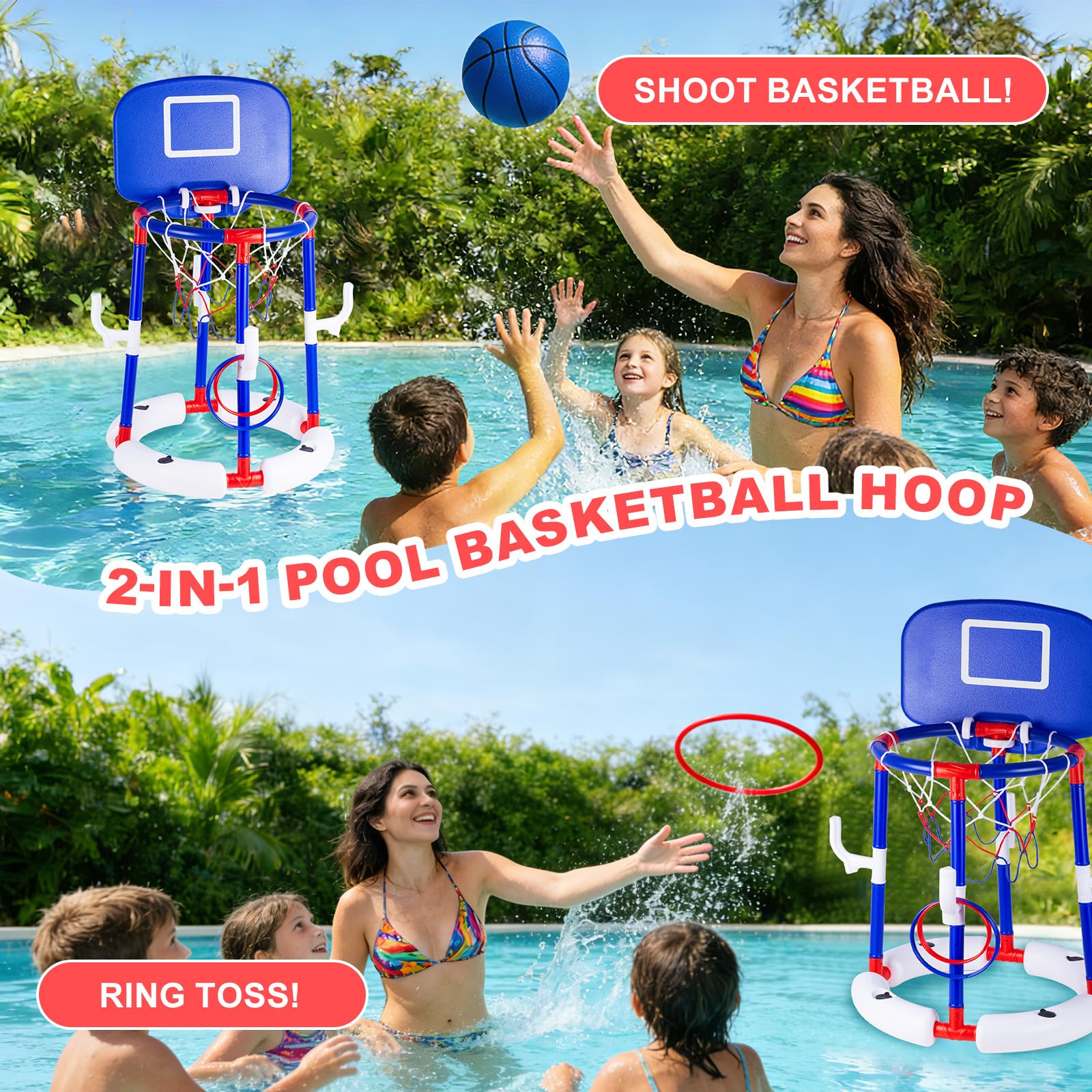 2-in-1 Schwimmender Pool-Basketballkorb-Set, blauer Schwimmbad-Basketballkorb mit Rückwand, stabiler Wasser-Basketballkorb für Pool-Party, Spaß und Outdoor-Familienspiele