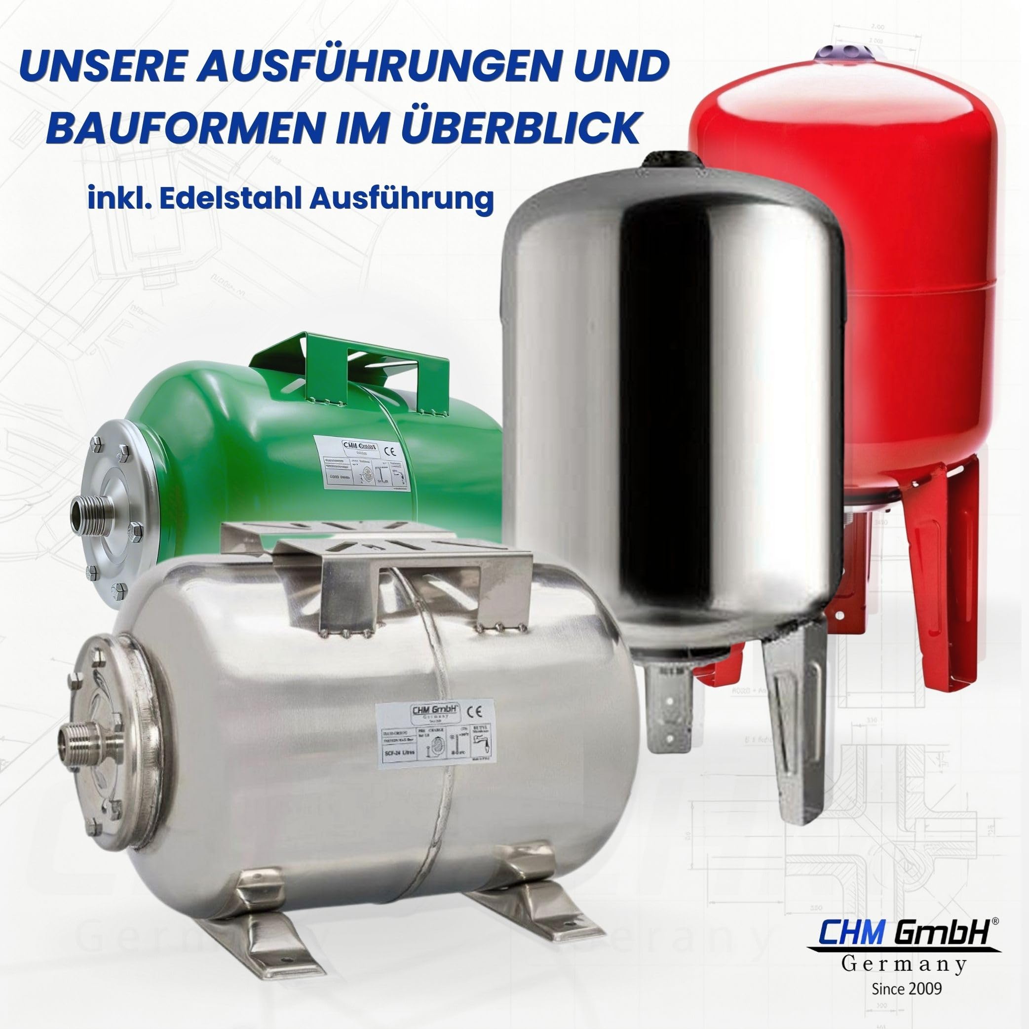 CHM GmbH® 100 L membraanketel verticaal, stalen tank, drukketel max. 6
