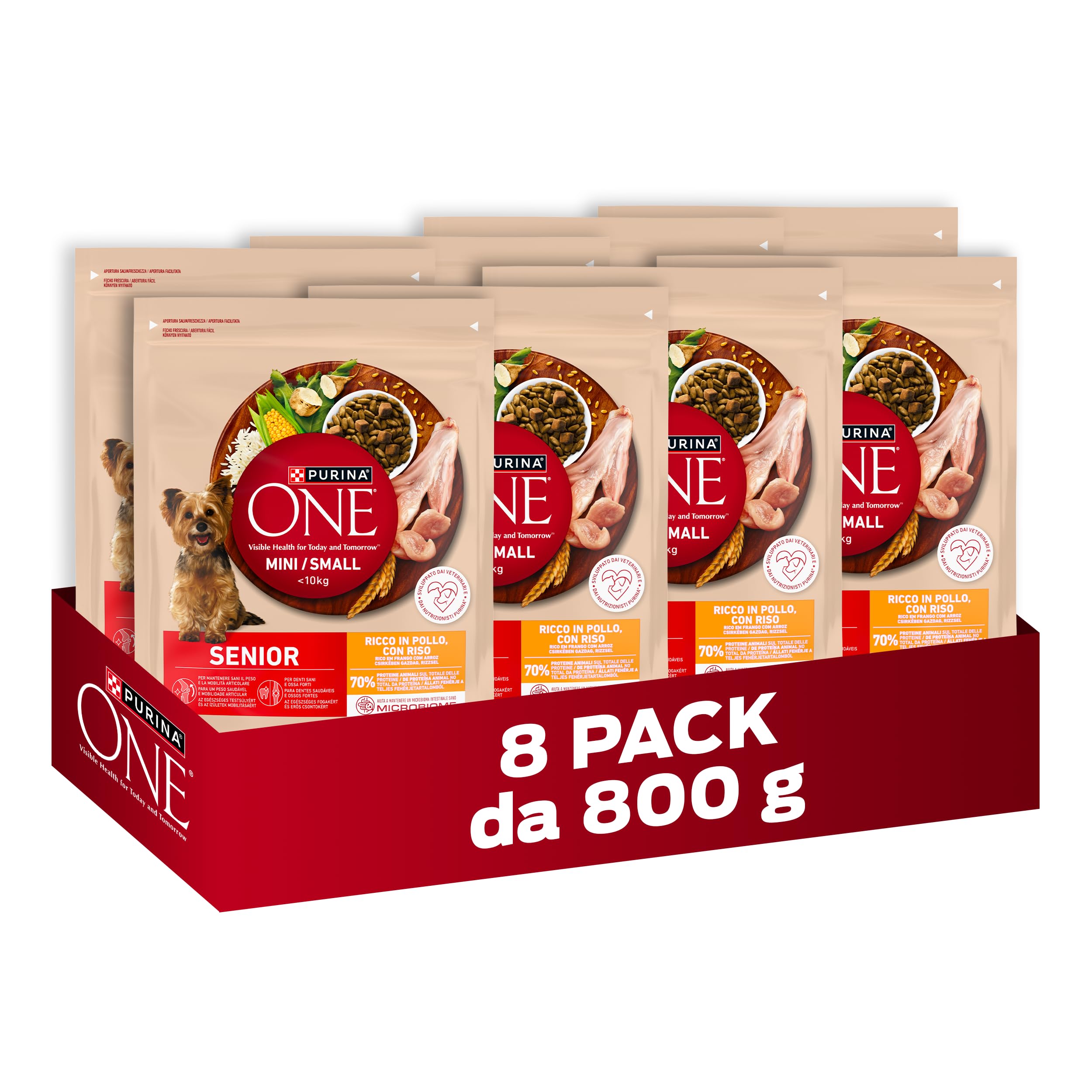 PURINA ONE Mini Small Senior Crocchette per Cani Adulti con Pollo e Riso 8 Sacchi da 800g