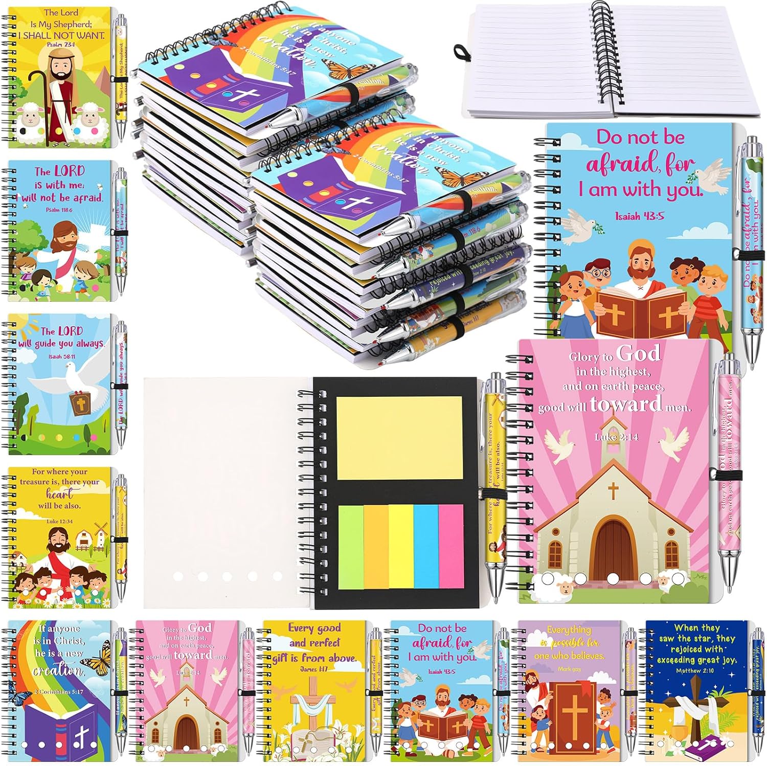 Sayglossy 20 Sets Prayer Journal Christian Aesthetic Notebook Gifts Bulk Church Inspirational Scripture Religious Spiral Bible Verse Notebook with Sticky Notes Bamboo Ballpoint Pen Notepads for Church