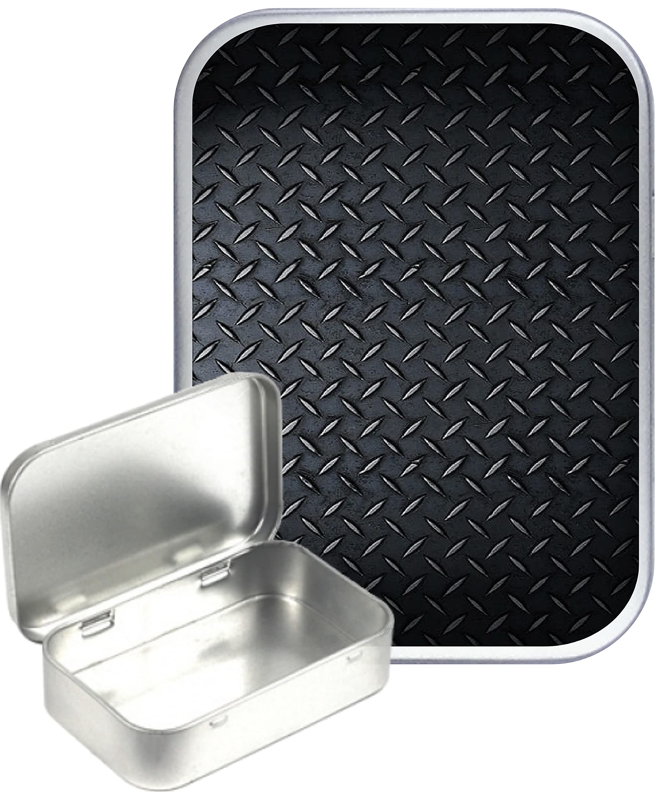 TEEZ Black Metal Plate Design Hinged Tin,Small 30ml Tin, Pill Tin, Pocket tin, Gift Box, 1oz Tobacco tin
