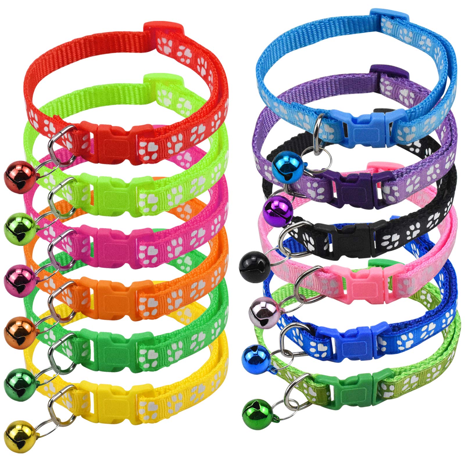 YILANJIN 12 Pack Adjustable Pet Collars with Bells, Cat Collars Snap Closure, 21-33cm, Bright Colors with Paw Prints for Kittens, Cats Puppies, Small Dog, Assorted Colors