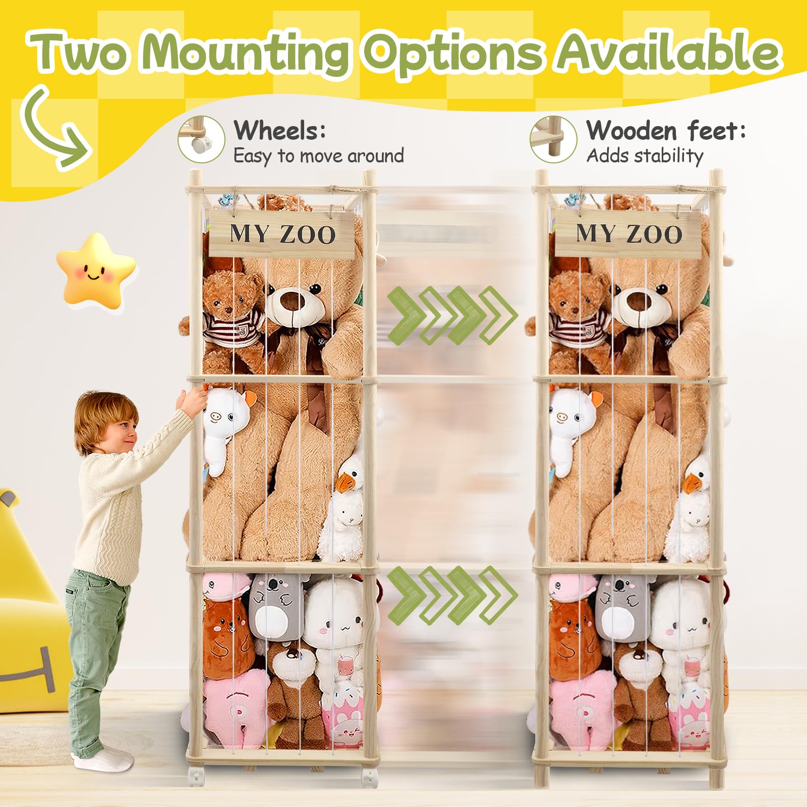 Almacenamiento de peluches de madera, 135 x 40 x 40 cm, con freno de 360°, ruedas equipadas para peluches, peluches, juguetes de peluche, juguete de peluche para habitación de los niños, sala de