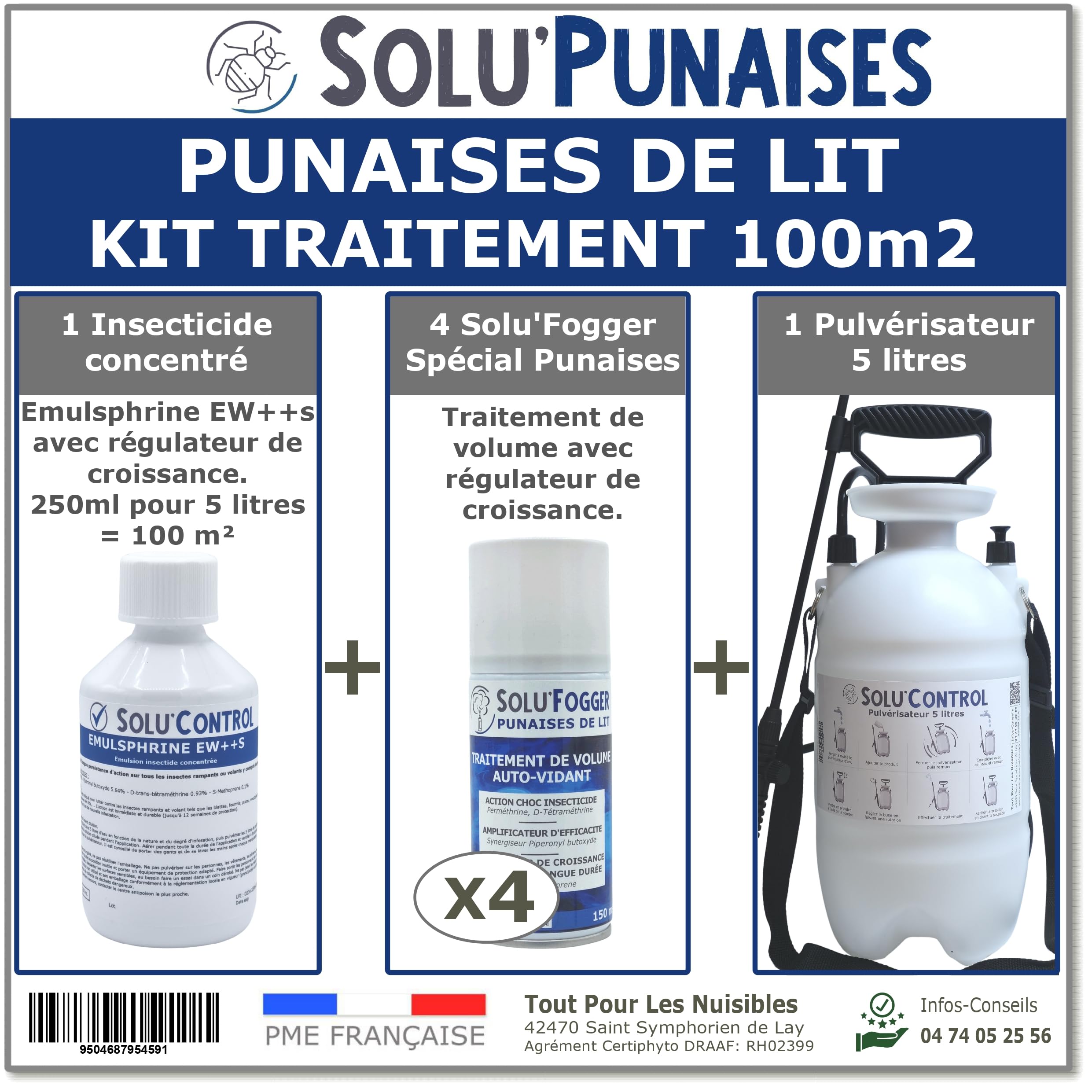Kit de traitement Punaises de lit 100m² avec 1 Emulsphrine ew+s insecticide concentré, 4 one-shot Solu'Fogger, 1 pulverisateur 5 litres
