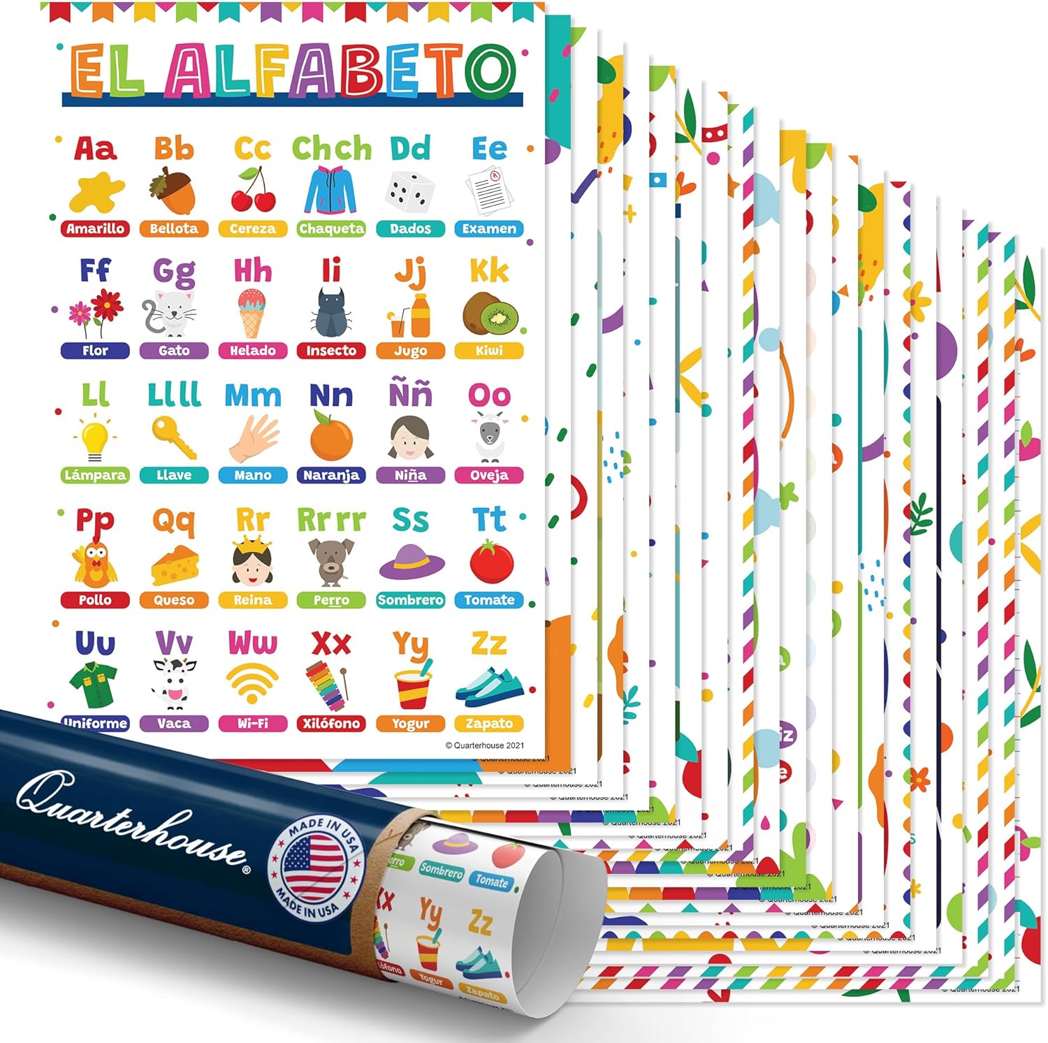 Quarterhouse 20 Poster Double-Sided English-Spanish Set, Spanish Classroom Learning Materials for Pre-K and K-12 Students and Teachers, 12 x 18 Inches, Made in USA