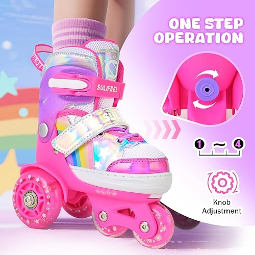 Miniatura 94 de SULIFEEL - Patines infantiles con luz ajustable y diseño de unicornio y arcoíris, tamaño 4 para niños y niñas b púrpura