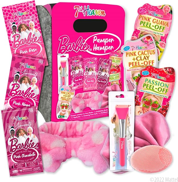 7th Heaven X Barbie 'Be Good To Yourself' Vegan Face Mask Pamper Hamper  Pink Neon Peel Off, Pink Chocolate Purifying Clay, Pink Rose Cleansing Clay, Accessories and 7th Heaven Face Masks