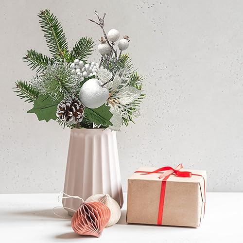 Miniatura 4 de BANBERRY DESIGNS Juego de 10 púas para árbol de Navidad, piña, flor de pascua blanca flocada, manzana, bayas, cono de pino y vegetación, 5 cada uno2