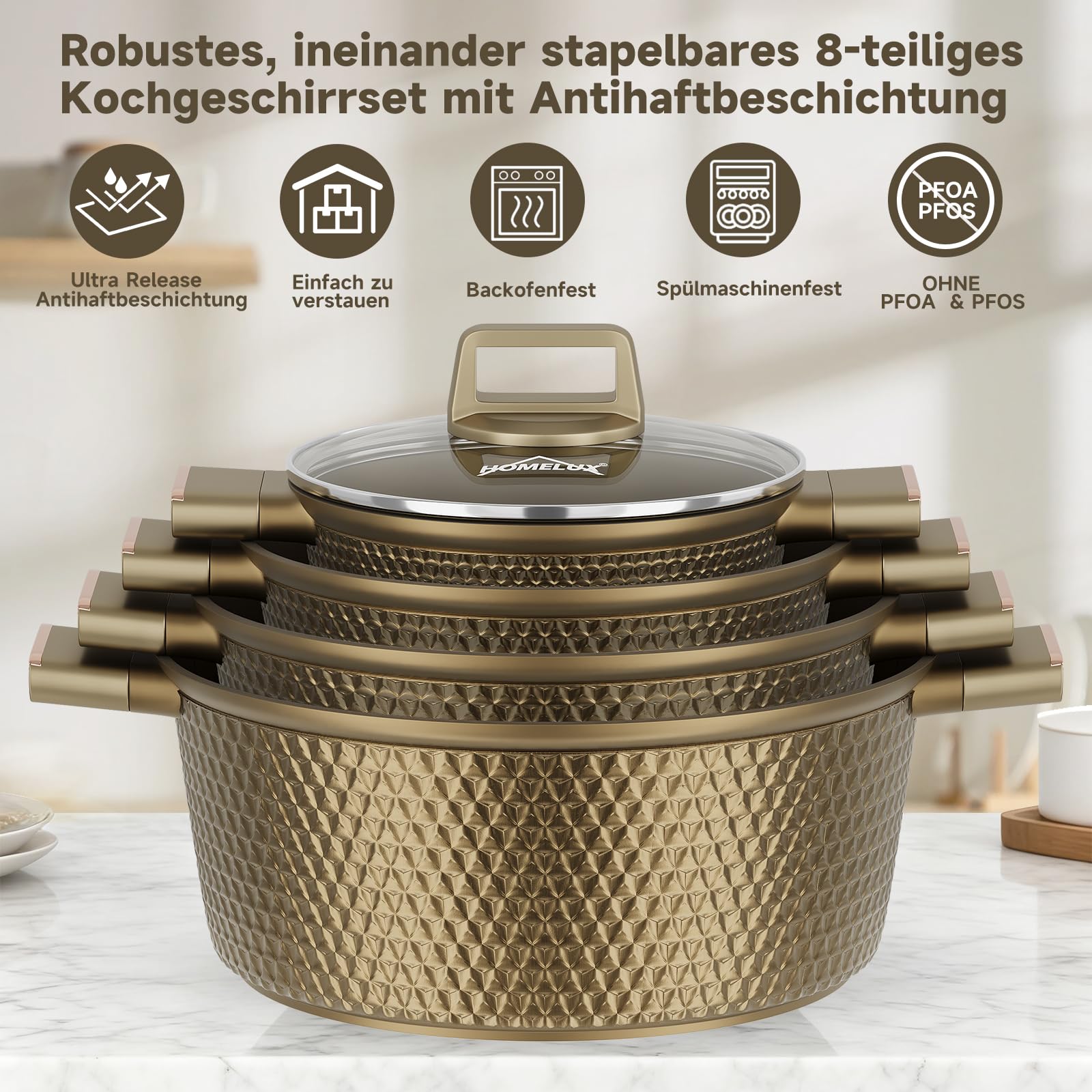 HOMELUX Topfset Induktion 8-teilig, Kochtopf Set mit Glasdeckel | 20/24/28/32cm Aluminiumguss, Antihaftbeschichtet, für Alle Herdarten, PFOA/PFOS-frei, Facettenoptik & Braun