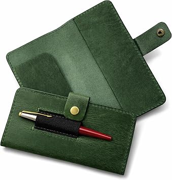 Leather Checkbook Cover with Pen Loop, Full Grain Check Book Holder Wallet for Personal & Duplicate Checks, Slim Money Organizer for Men & Women- Forest Green