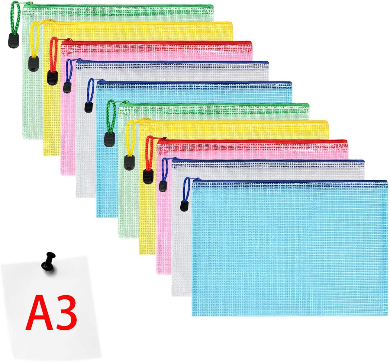 Vicloon Plastic Wallets, 10Pcs A3 Zip Lock Bags Mesh Document Wallet