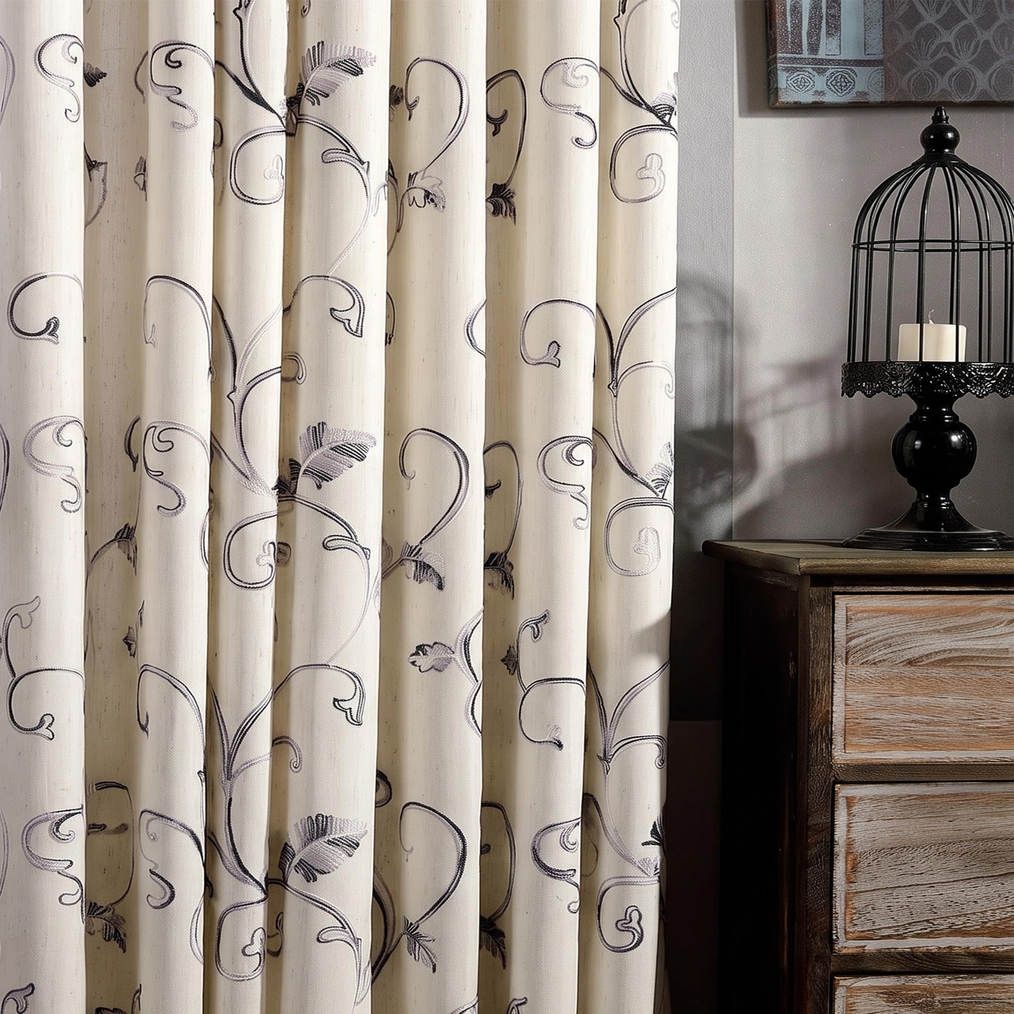 VOGOL 2 Panels Vines Embroidered Faux Linen Curtains for Living Room, Grommet Window Treatment Panels, 52×63 Inch, Grey — image 1