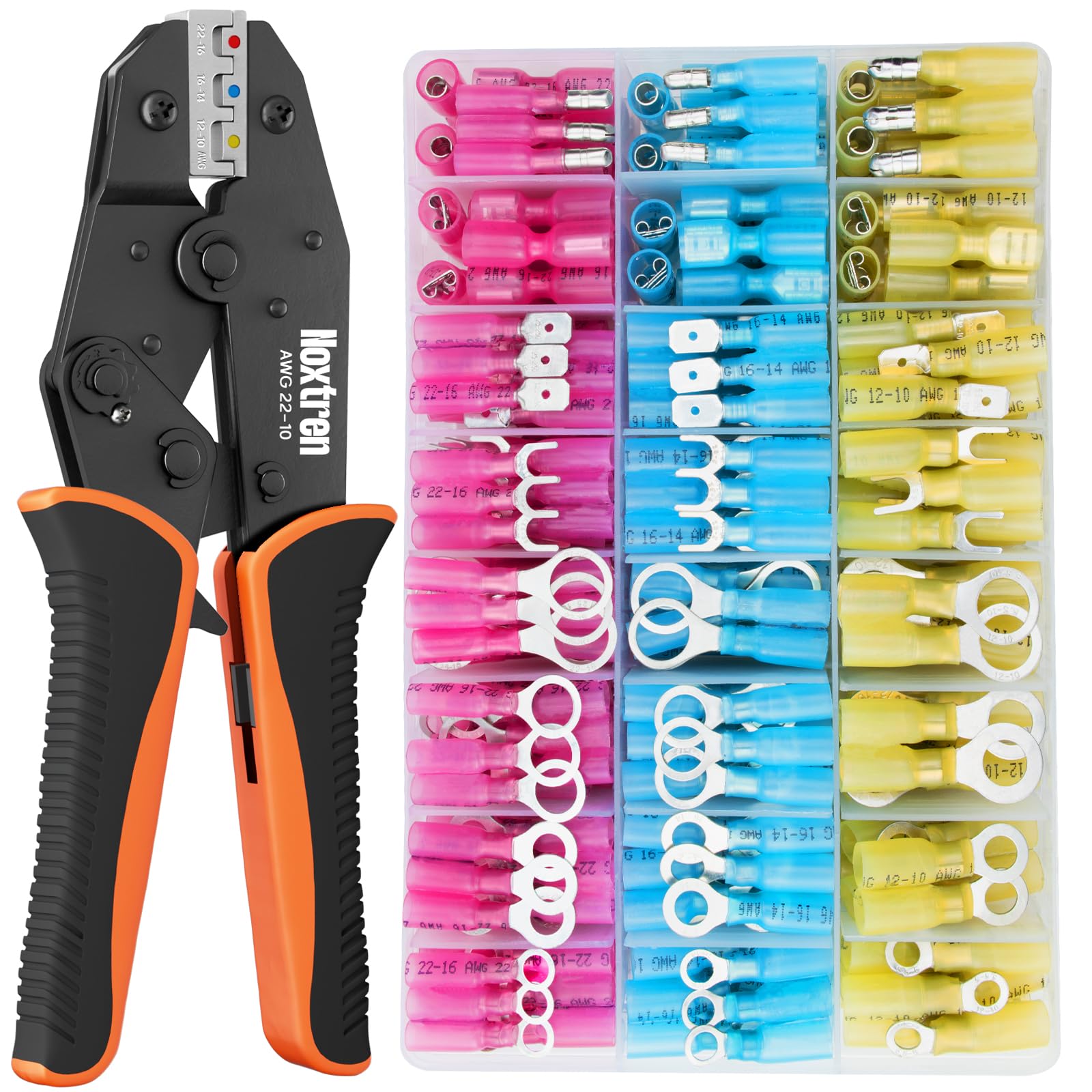 Noxtren Crimping Tool For Heat Shrink Connectors, 310PCS Waterproof Automotive Marine Grade Heat Shrink Wire Connectors, AWG 22-10 Tinned Red Copper,