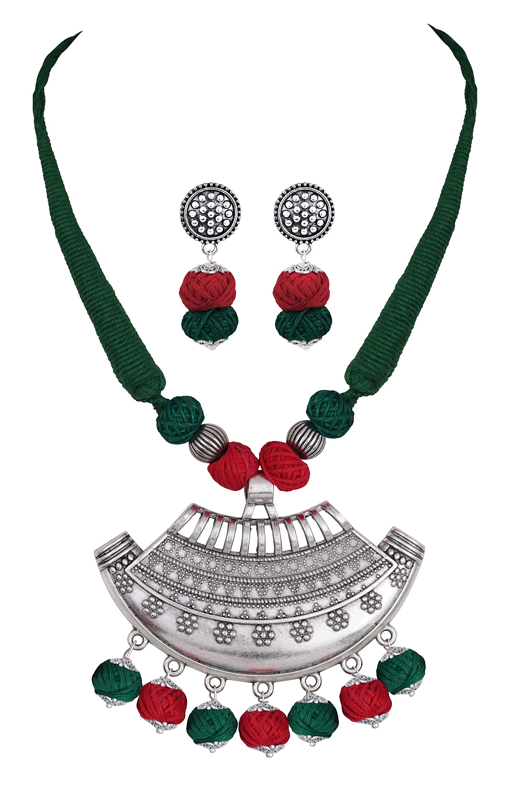 JFL - Jewellery for LessGerman Oxidised Silver Tribal Chandra Titri Pendant with Cotton Thread Balls Handcrafted Necklace Set with Adjustable Thread for Women & Girls.