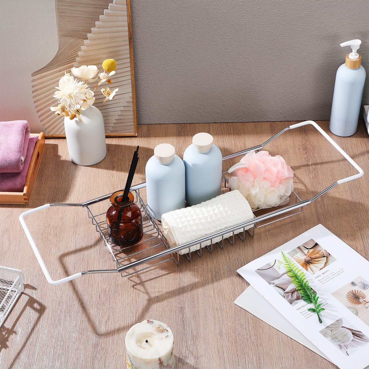 DOITOOL Bañera de acero inoxidable, estante de baño extensible para guardar libros, bebidas, teléfonos y tabletas, bandeja de bañera ajustable para accesorios de baño, plateado