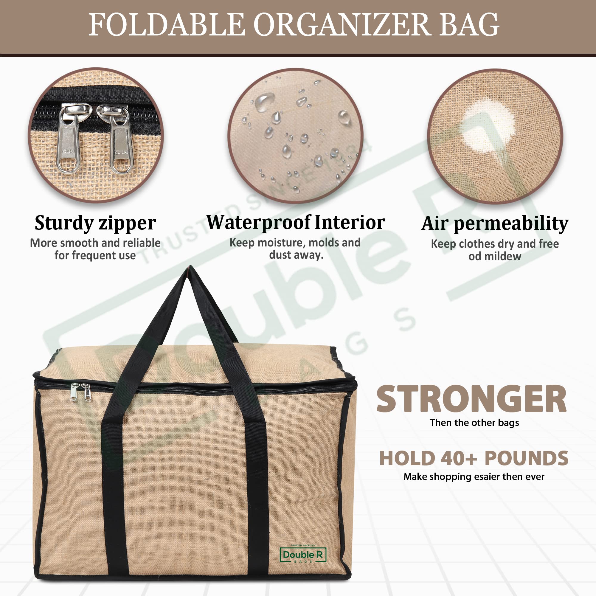 Double R Bags Large Jute Storage Bag for Clothes, Toys, Bedding & Blankets – 70L, 1 Compartment, Moisture-Proof Organizer with Zip & Handle (55.5x38x38 cm, Beige, Pack of 1)