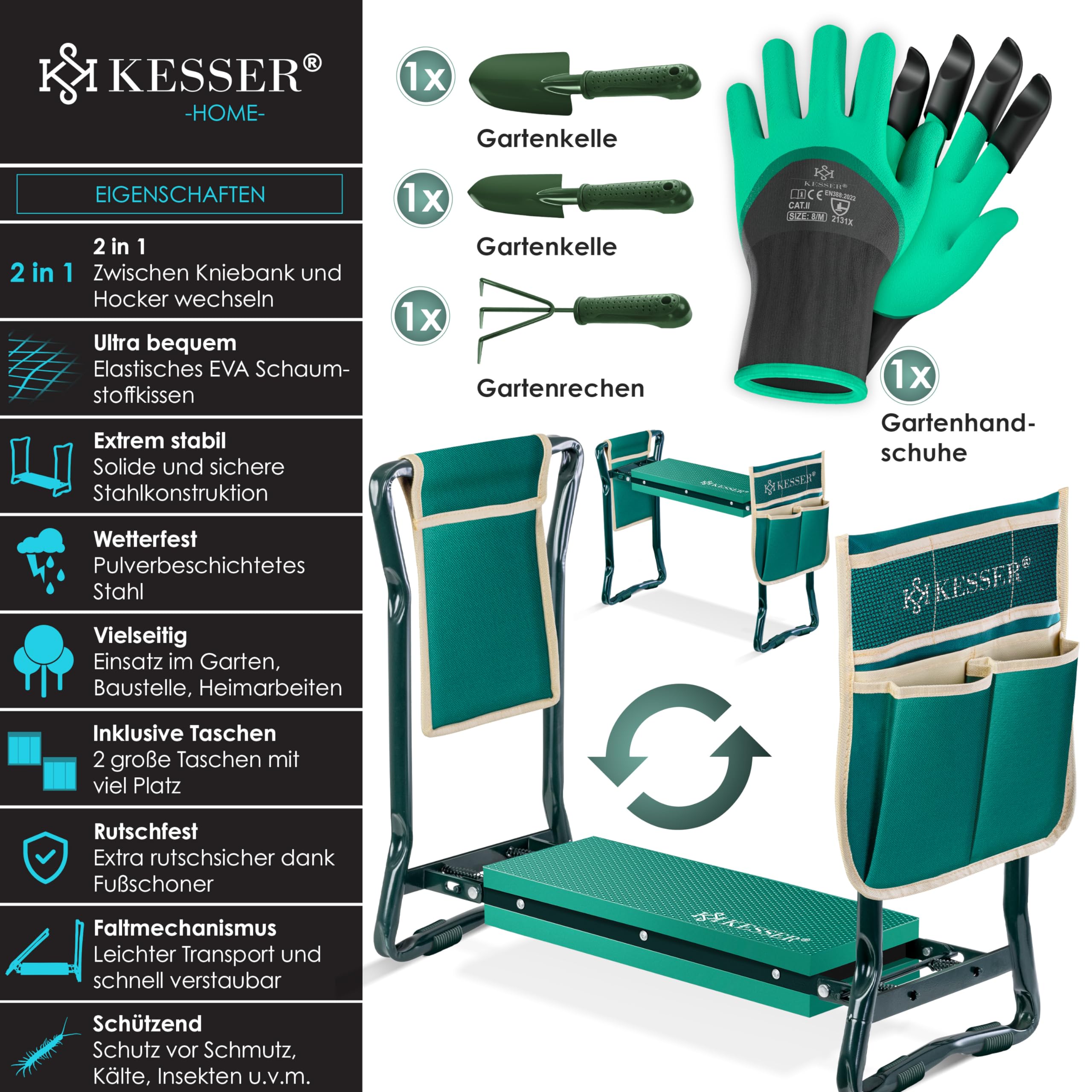 KESSER® Inginocchiatore 2 in 1 XXL per il giardinaggio Cuscino imbottito Cuscino in schiuma eva Sgabello da giardino Pieghevole Incl. 2 borse per attrezzi Panca da giardino Regolabile in altezza