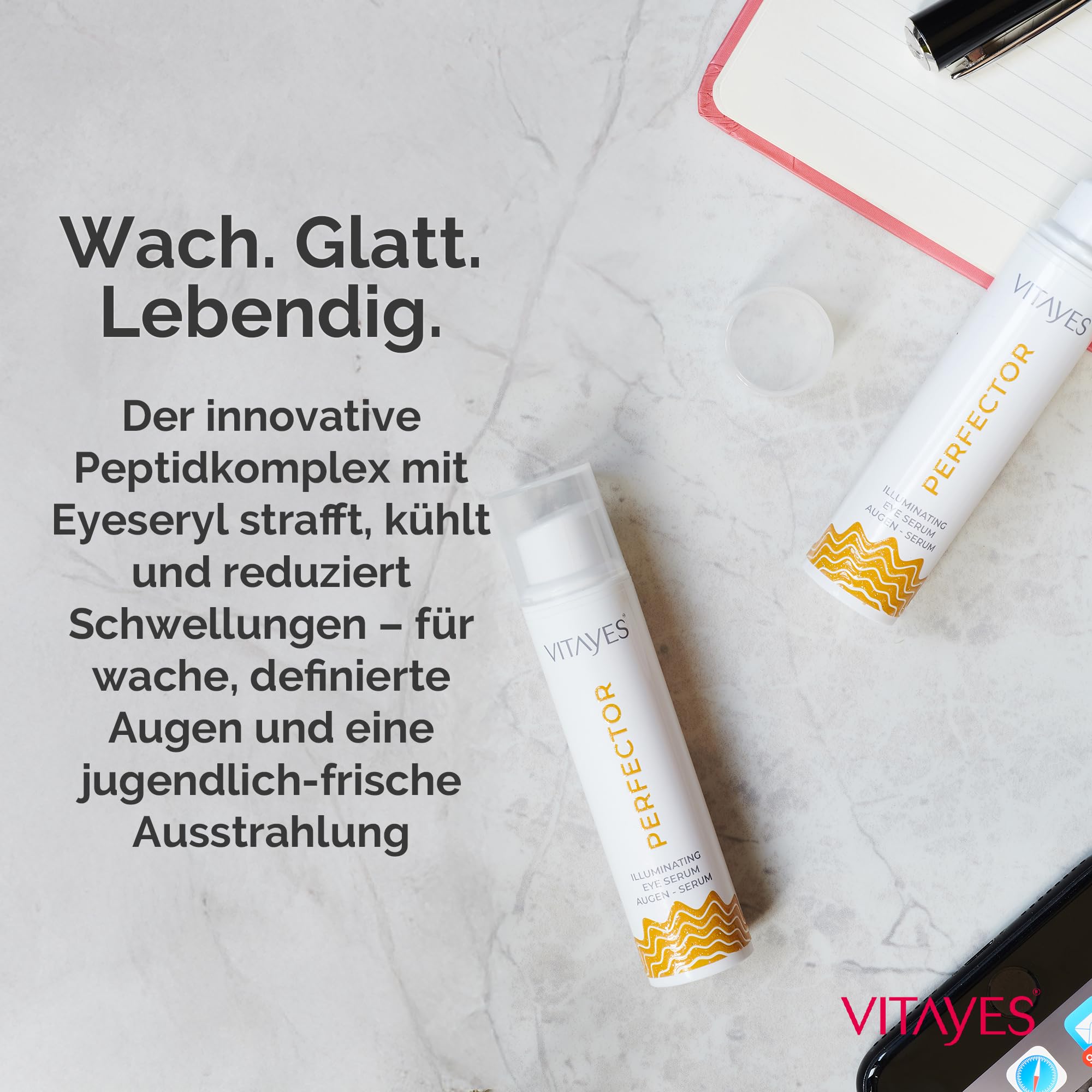 Vitayes Perfector Augenserum – Anti-Aging Serum gegen Augenringe, Tränensäcke & Falten – Straffendes Augenpflege-Gel mit Soforteffekt – Vegan, 15 ml
