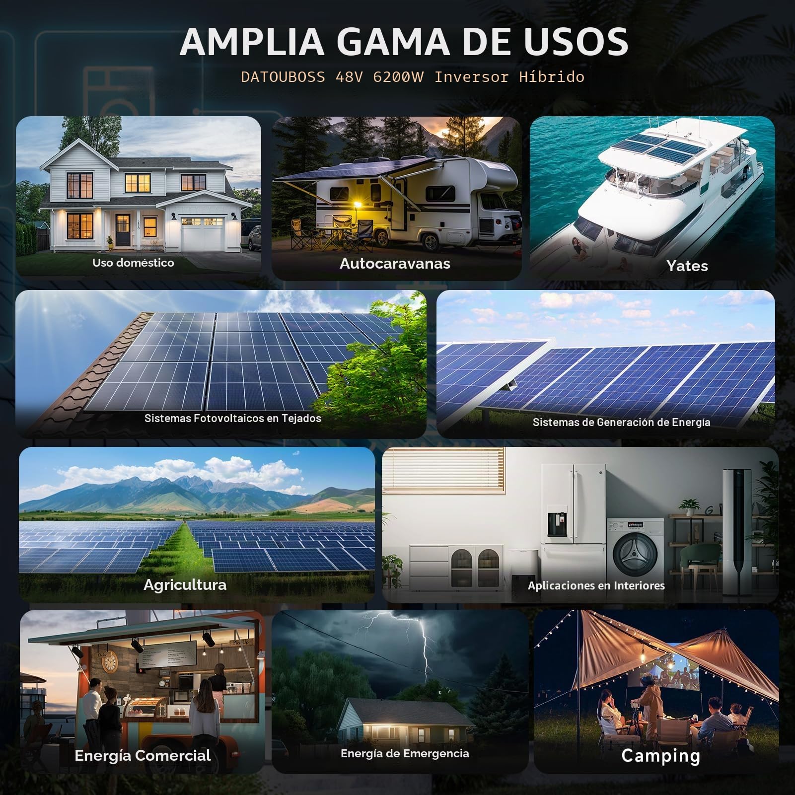 DATOUBOSS Inversor de Corriente Solar híbrido de 6000W,48V CC a 230V CA, inversor de Onda sinusoica Pura,120 A MPPT,Entrada fotovoltaica de 8000W,IP54 y admite Varias Unidades en Paralelo