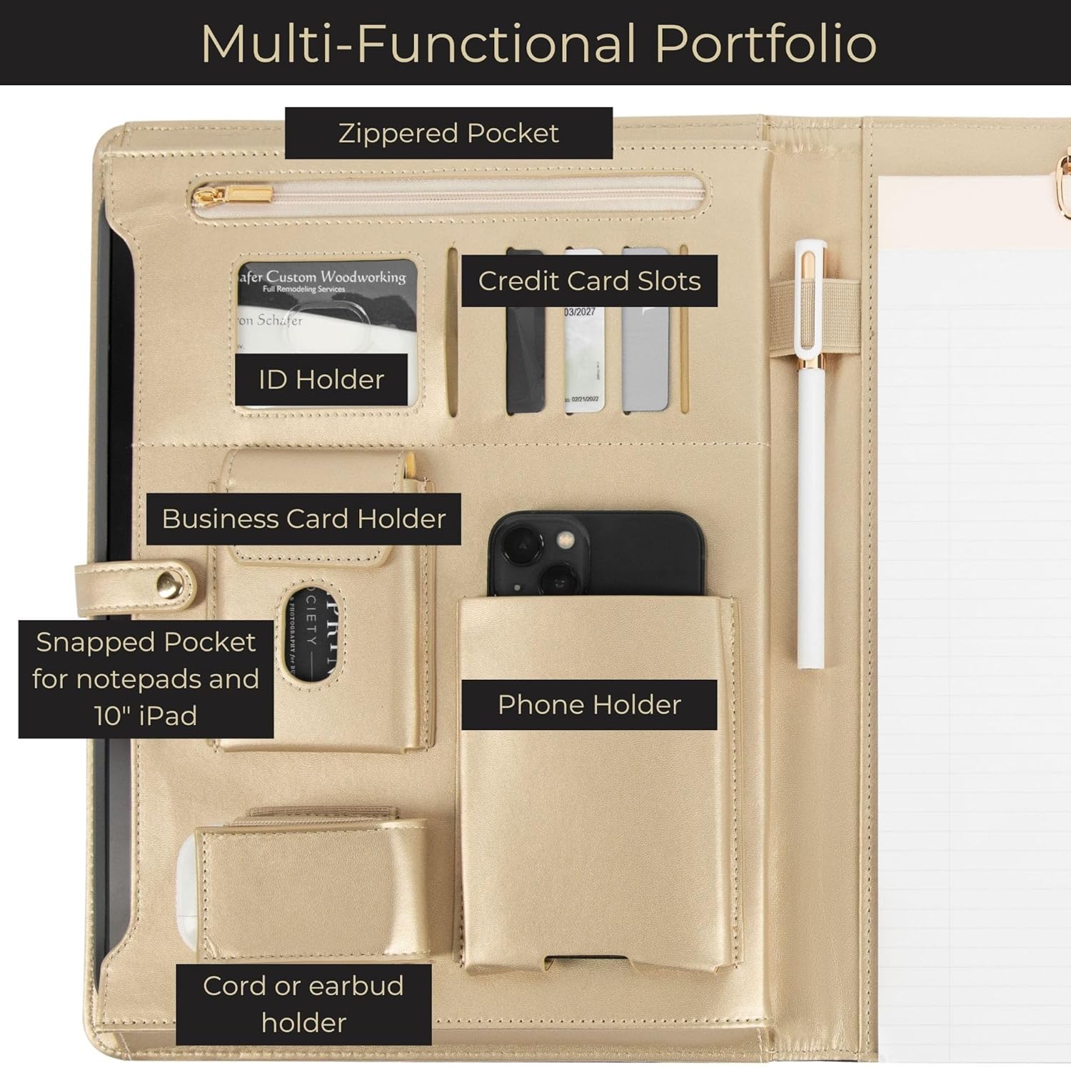 BLU MONACO | Black Vegan Leather Portfolio Binder for Women | Professional Padfolio with Magnetic Closure & Gold Trim | Business Organizer Case for Documents & 8.5 x 11 Notepad - Image 2